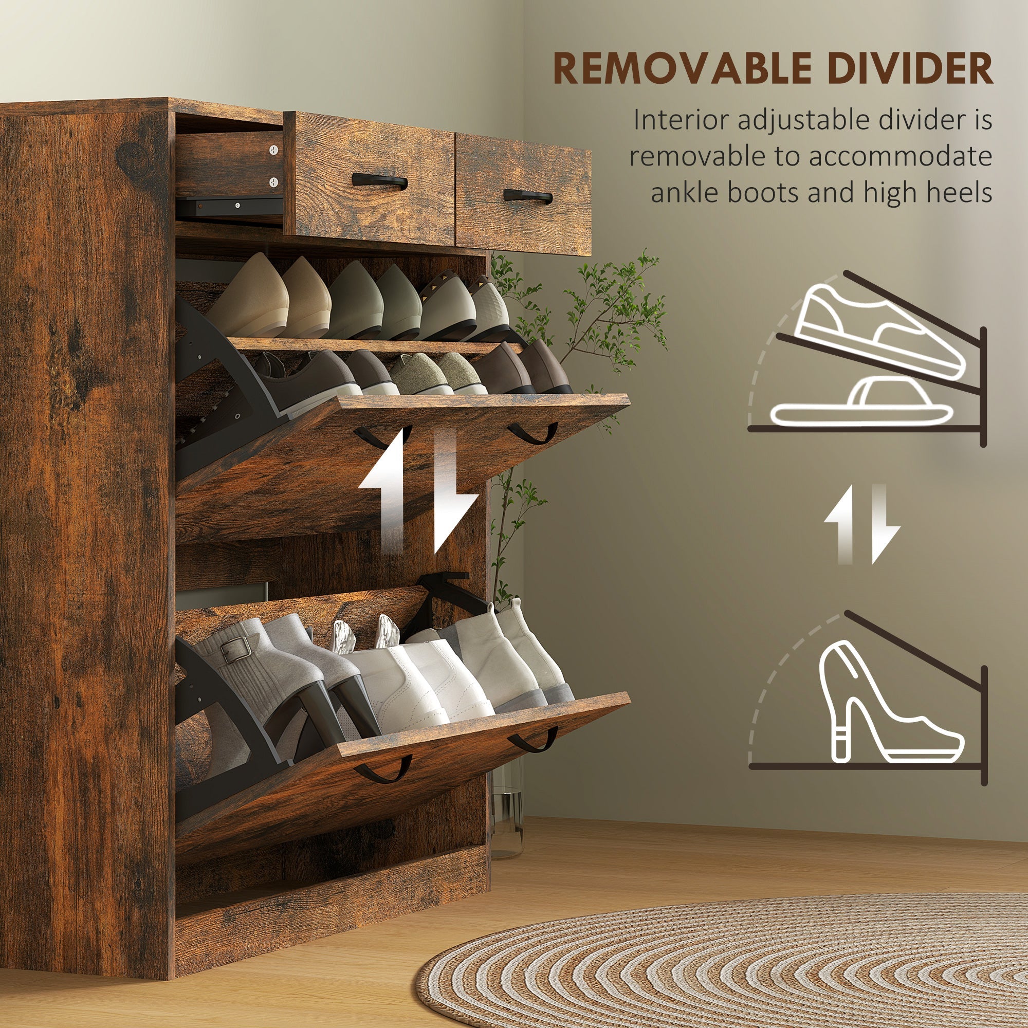 HOMCOM Narrow Shoe Storage with 2 Flip Drawers and Adjustable Shelves Shoe Organizer Cabinet for 12 Pairs of Shoes, Brown