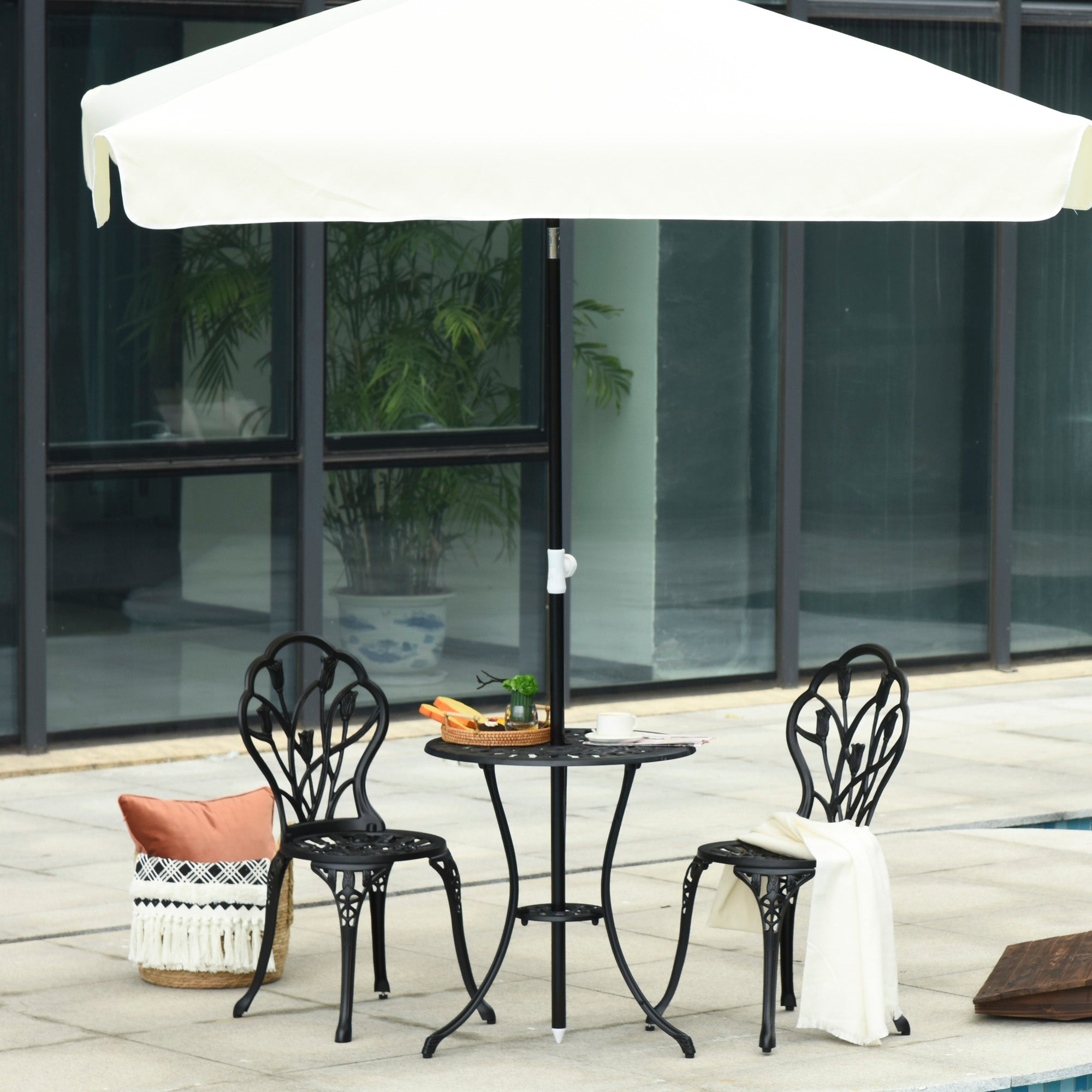 Outsunny Patio Bistro Set 3pc Cast Aluminum Outdoor Furniture with Umbrella Hole Garden Table & Chairs Black