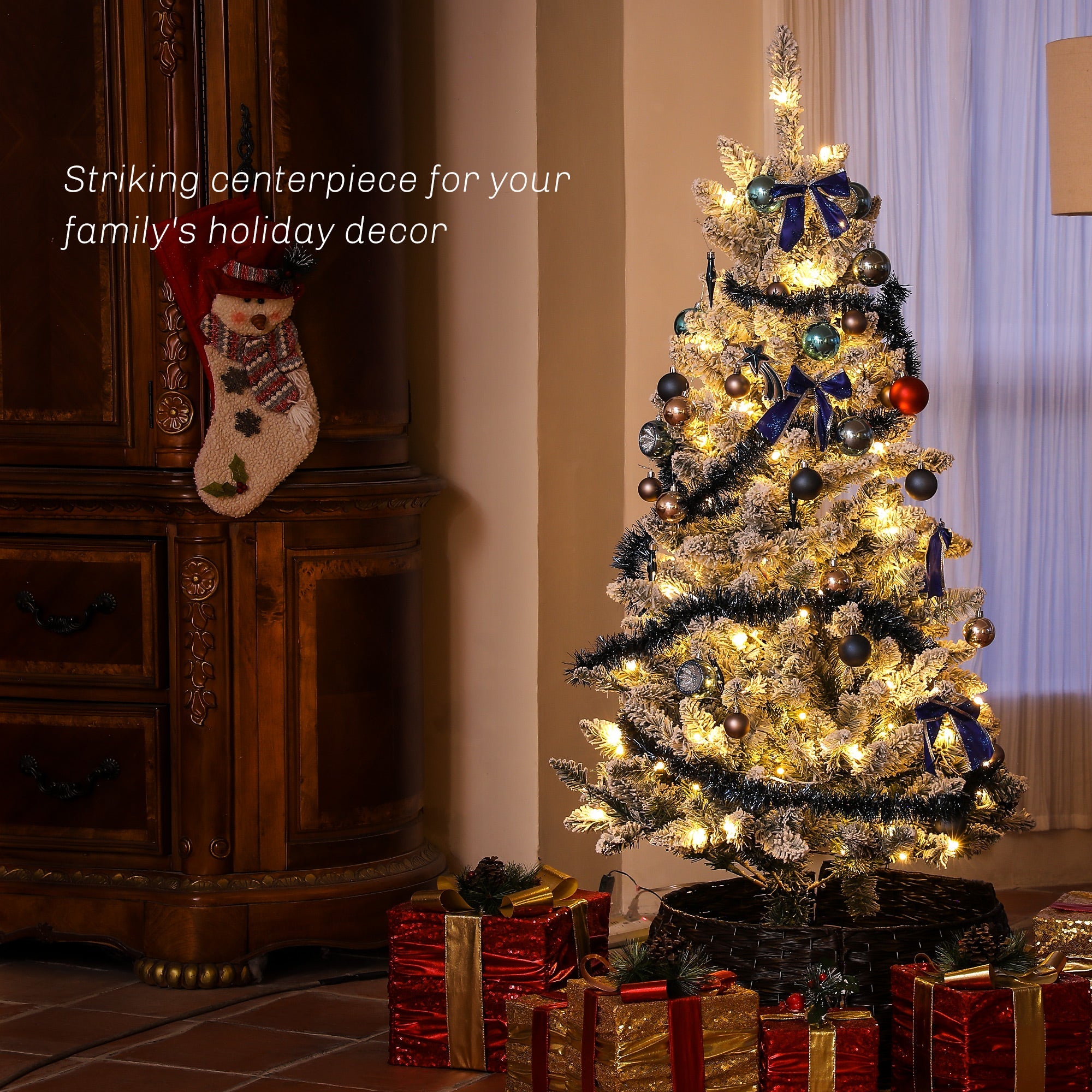 HOMCOM 5ft Prelit Artificial Christmas Tree with Blue Ornaments, Flocked Christmas Tree with LED Lights for Holiday