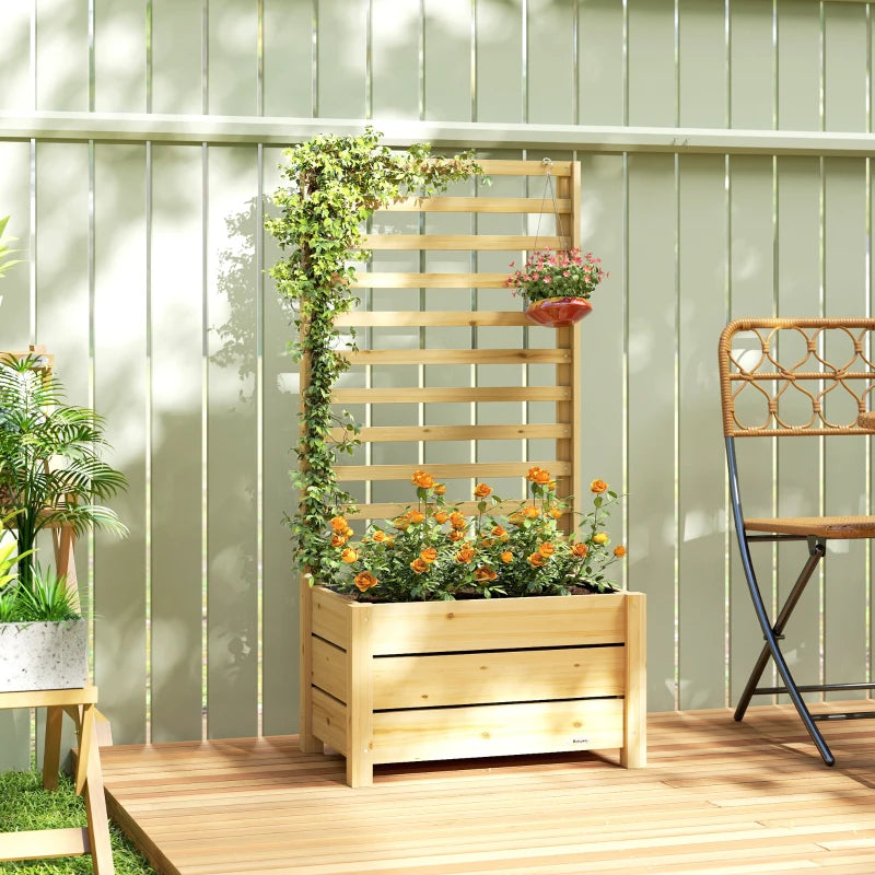 Wooden Raised Garden Bed with Trellis, Outdoor Elevated Planter Box with Drainage Hole and Bed Liner