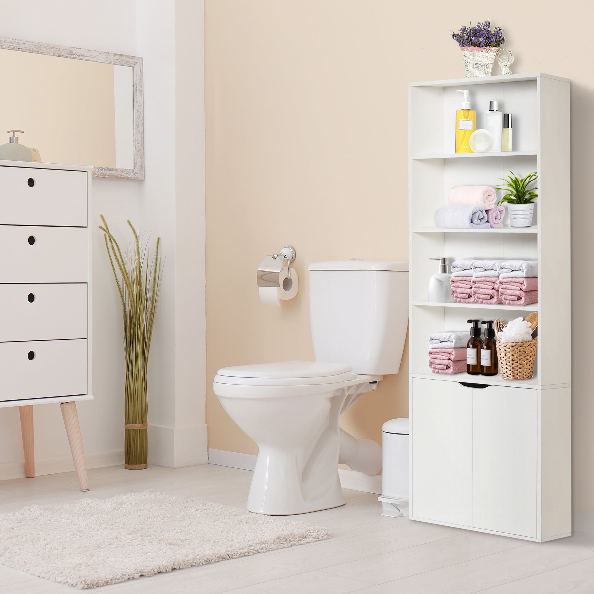 HOMCOM 4-Tier Bookshelf with Doors, White Modern Home Office Bookcase Storage Cabinet for Living Room, Bathroom, Study