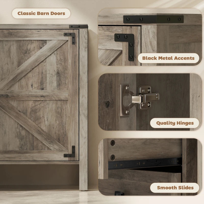 59" Buffet Cabinet, Farmhouse Sideboard with Thick Top, 2 Barn Doors, 4 Drawers and 2 Adjustable Shelves, Grey
