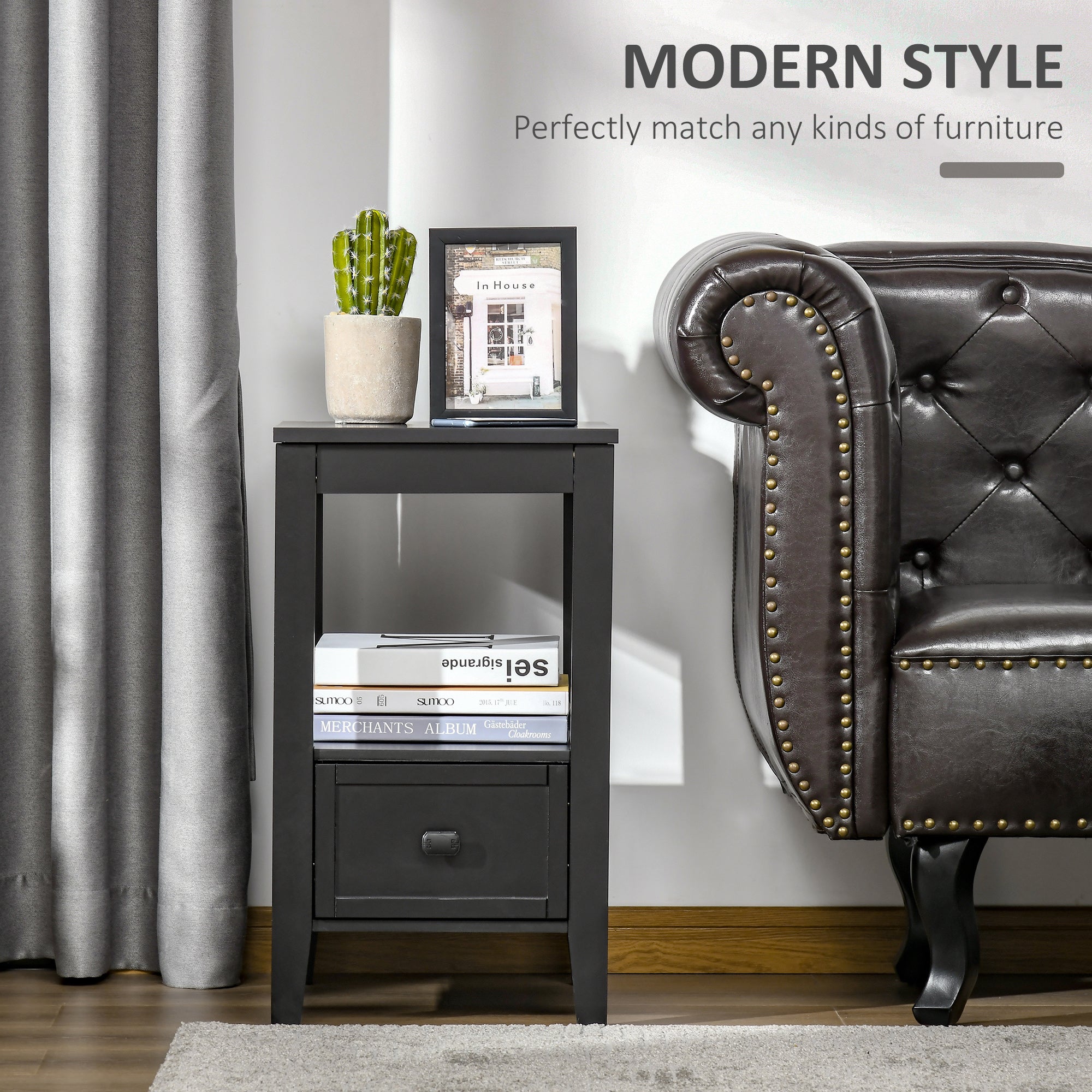 HOMCOM Black Modern End Table with Drawer Shelf Sofa Side Table Nightstand Bedroom Living Room
