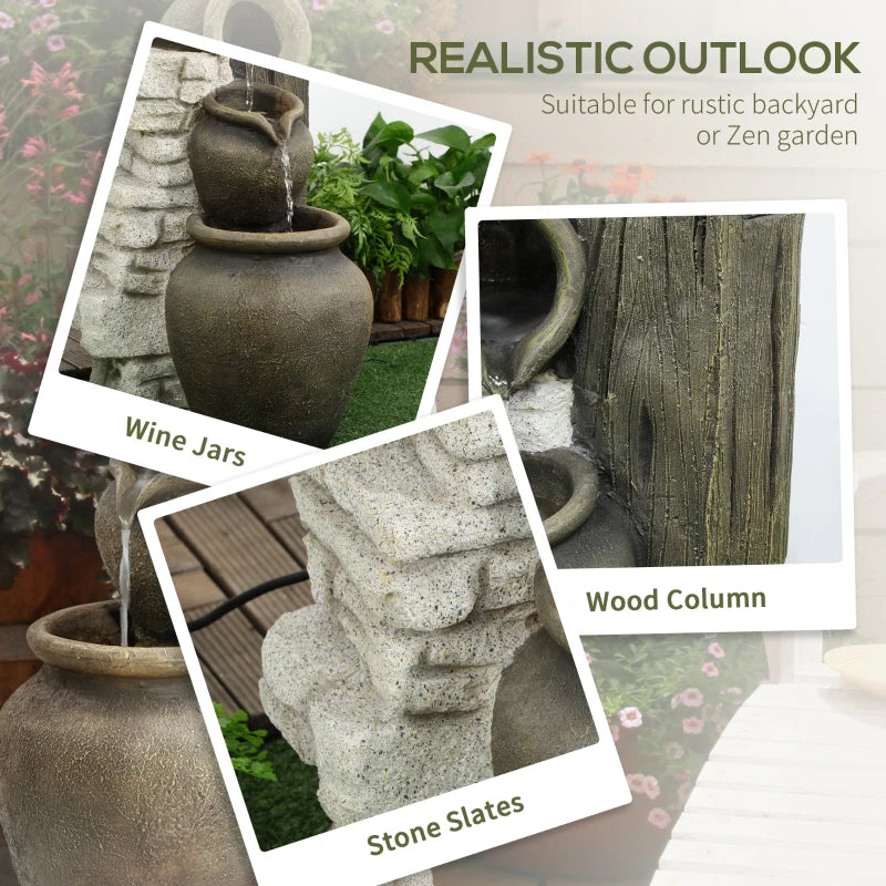 Wine Jars Outdoor Waterfall Fountain with Adjustable Flow, 4-Tier Rustic Resin Cascading Water Fountain, Decorative Backyard Water Feature for Zen Garden, Deck, Porch