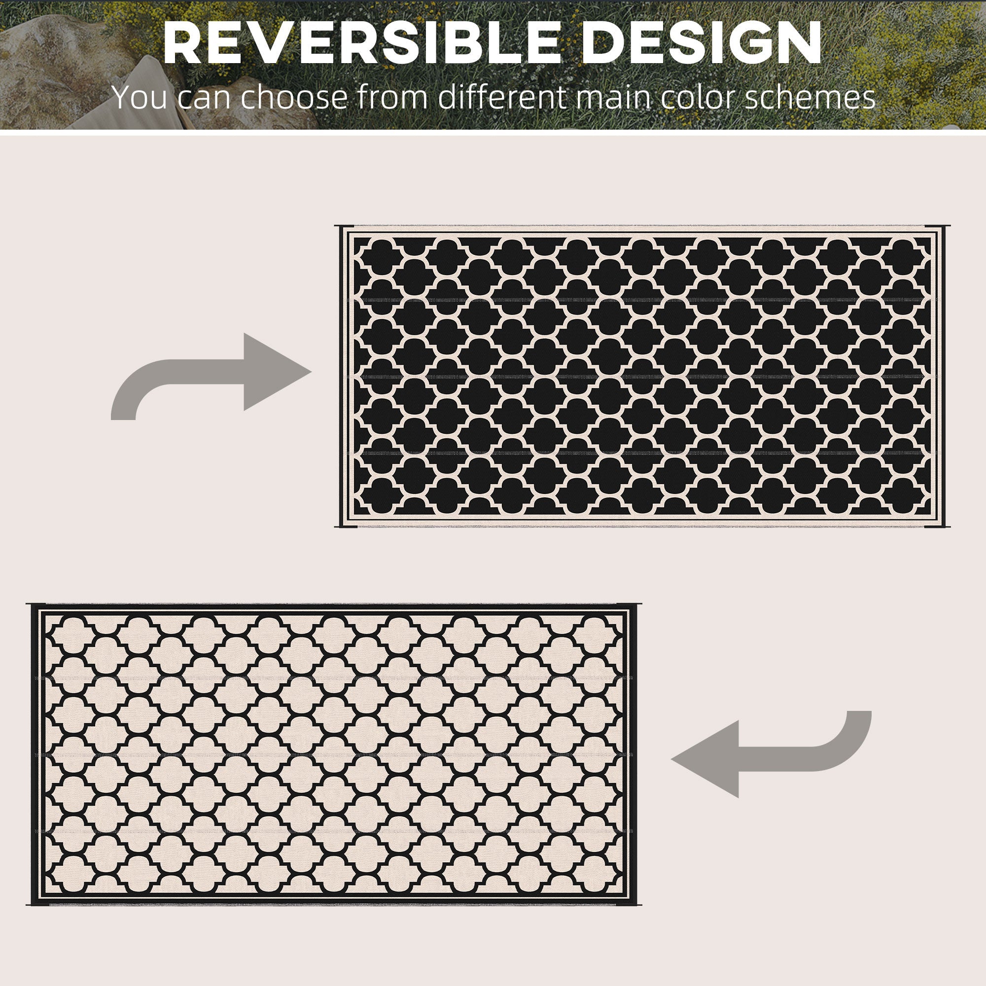 Outsunny Reversible Outdoor RV Rug 9'x18' Patio Floor Mat Durable Plastic Straw Rug for Backyard Deck Beach Camping Black Beige