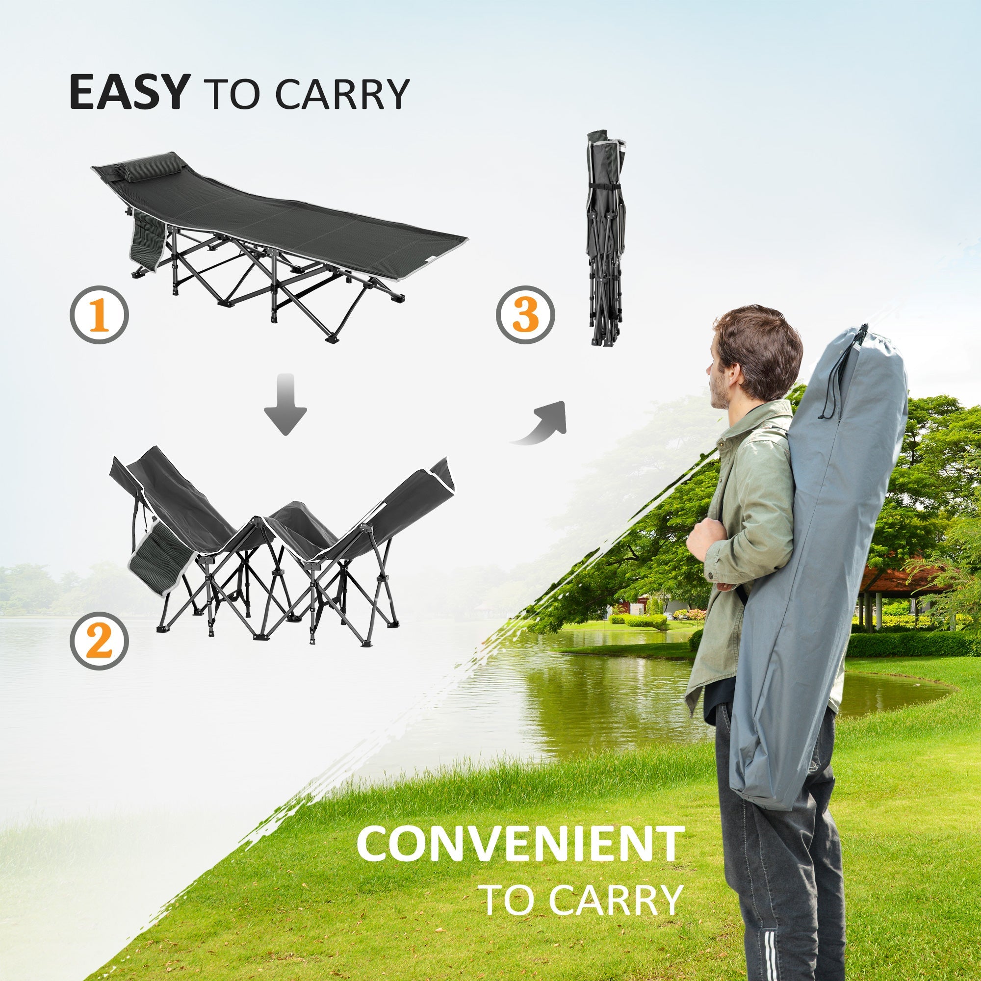 Outsunny Folding Camping Cot with Mattress Pillow Double Layer Oxford Heavy Duty Sleeping Cot Carry Bag Grey Blue