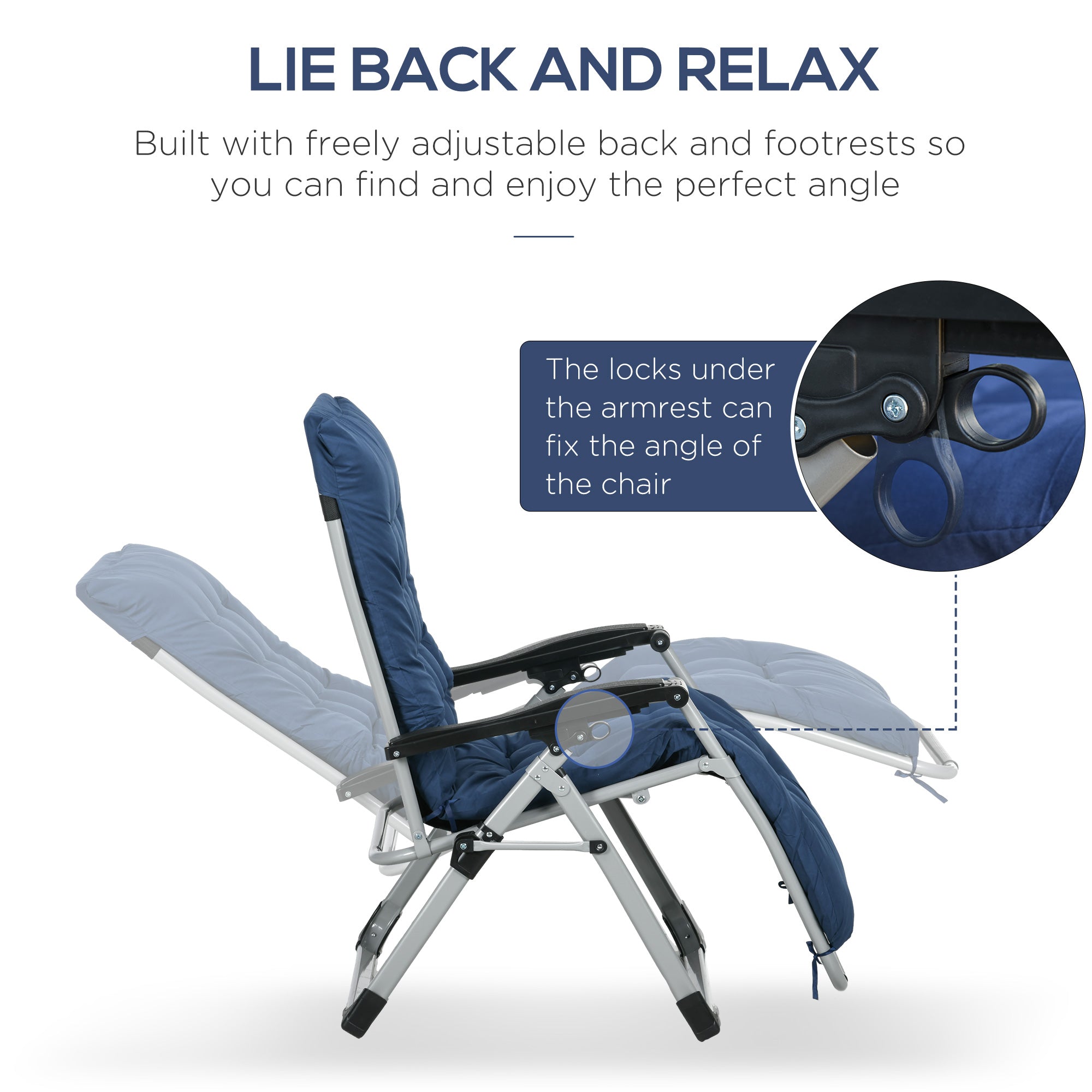 Outsunny Garden Chairs Set of 2 Reclining Zero Gravity Sun Lounger with Cushion Blue Comfort