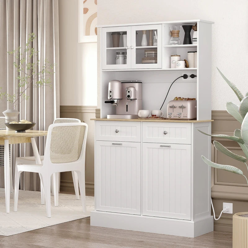Kitchen Cabinet with Charging Station, 2 Tilt Out Cabinets, Microwave Stand, Freestanding Kitchen Pantry Cabinet, White