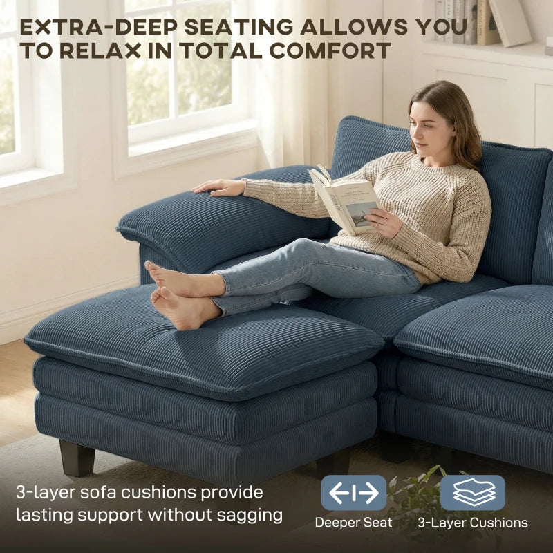 HOMCOM L-Shaped Sectional Sofa with Deep Seats, Movable Ottoman & Pillow-Top Armrests, Contemporary Corduroy Couch – Blue