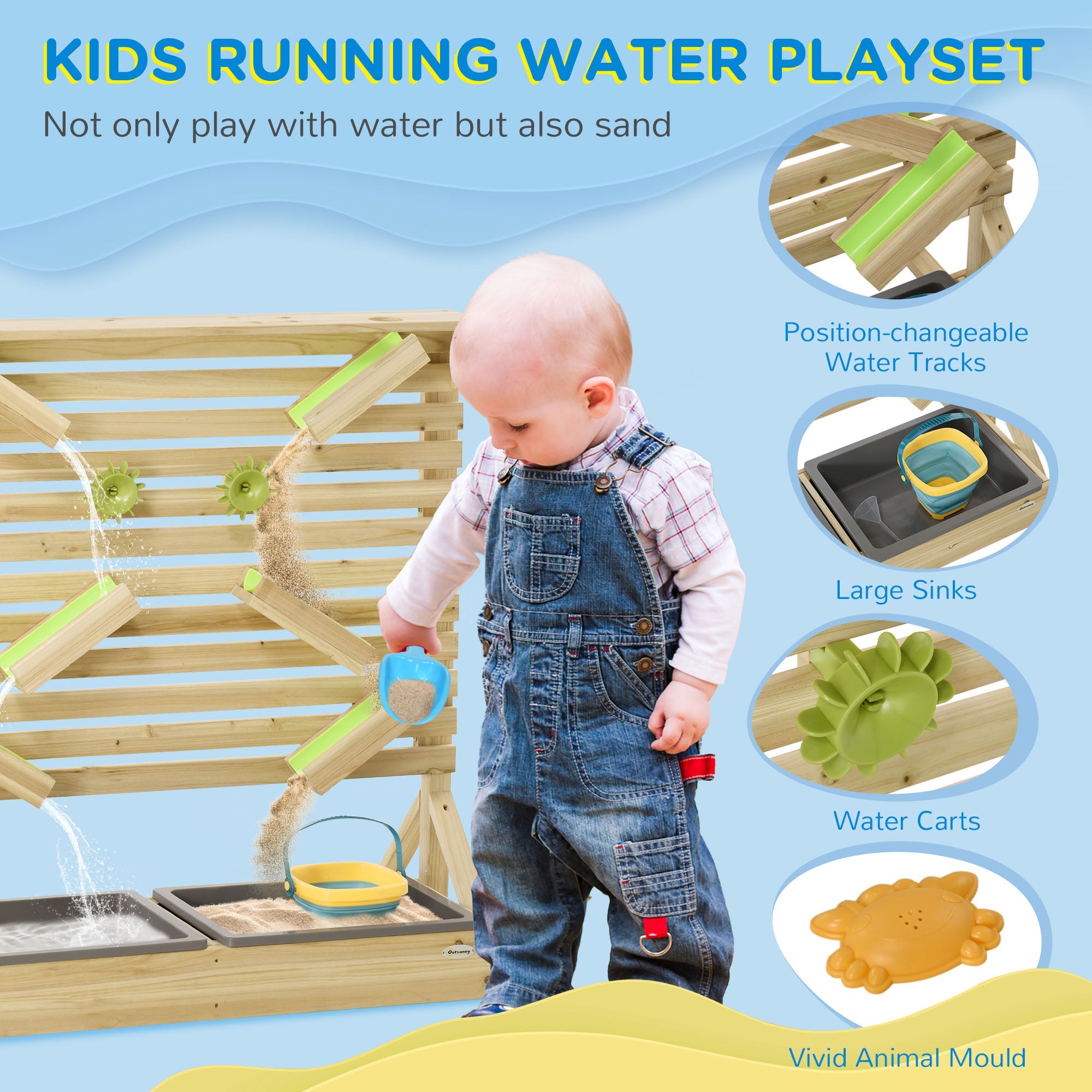 Outsunny 18Pcs Kids Running Water Sand Playset Outdoor Sinks Wooden Sensory Toys Colorful Accessories