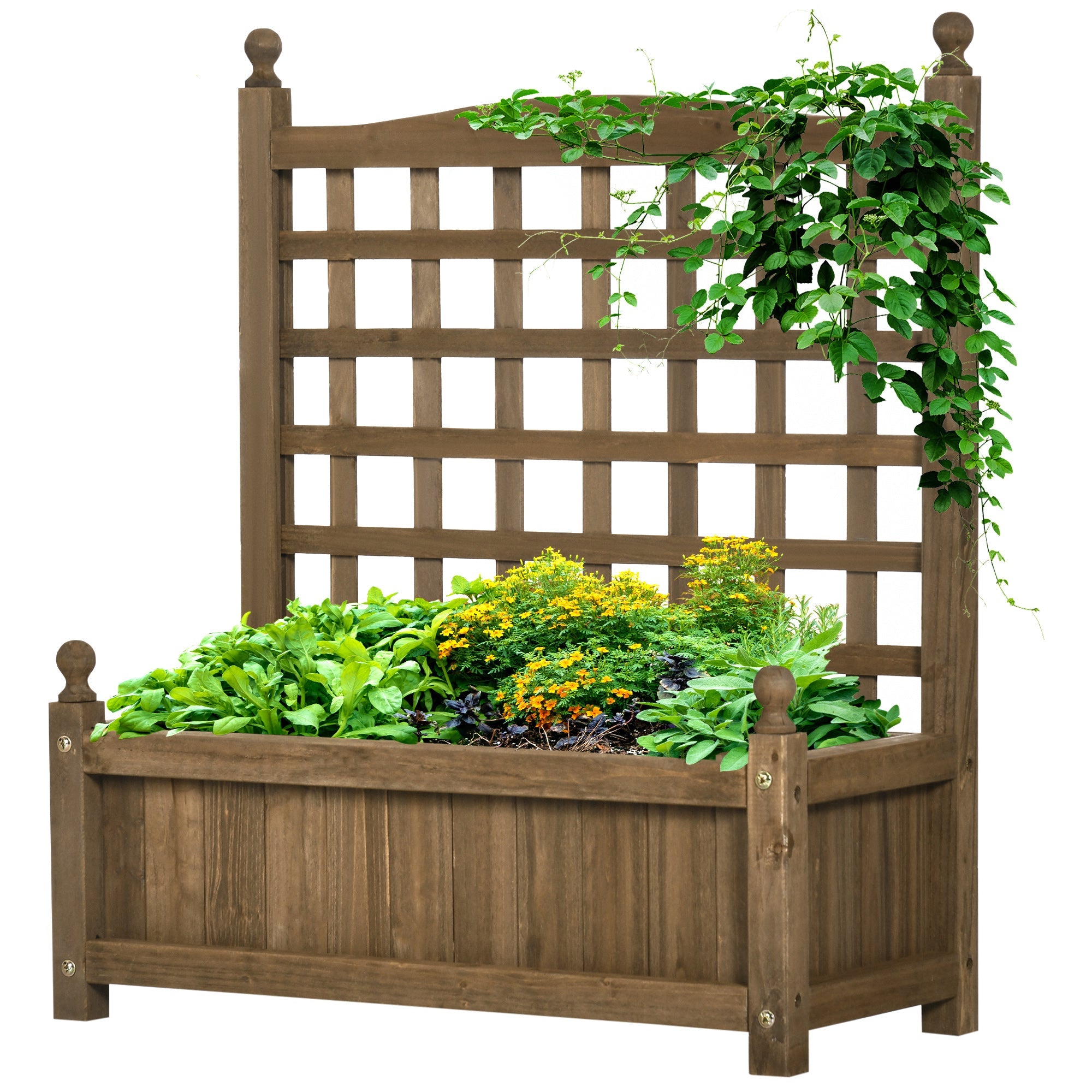 Outsunny Garden Planter with Trellis Wood Raised Bed for Climbing Plants Indoor Outdoor Coffee