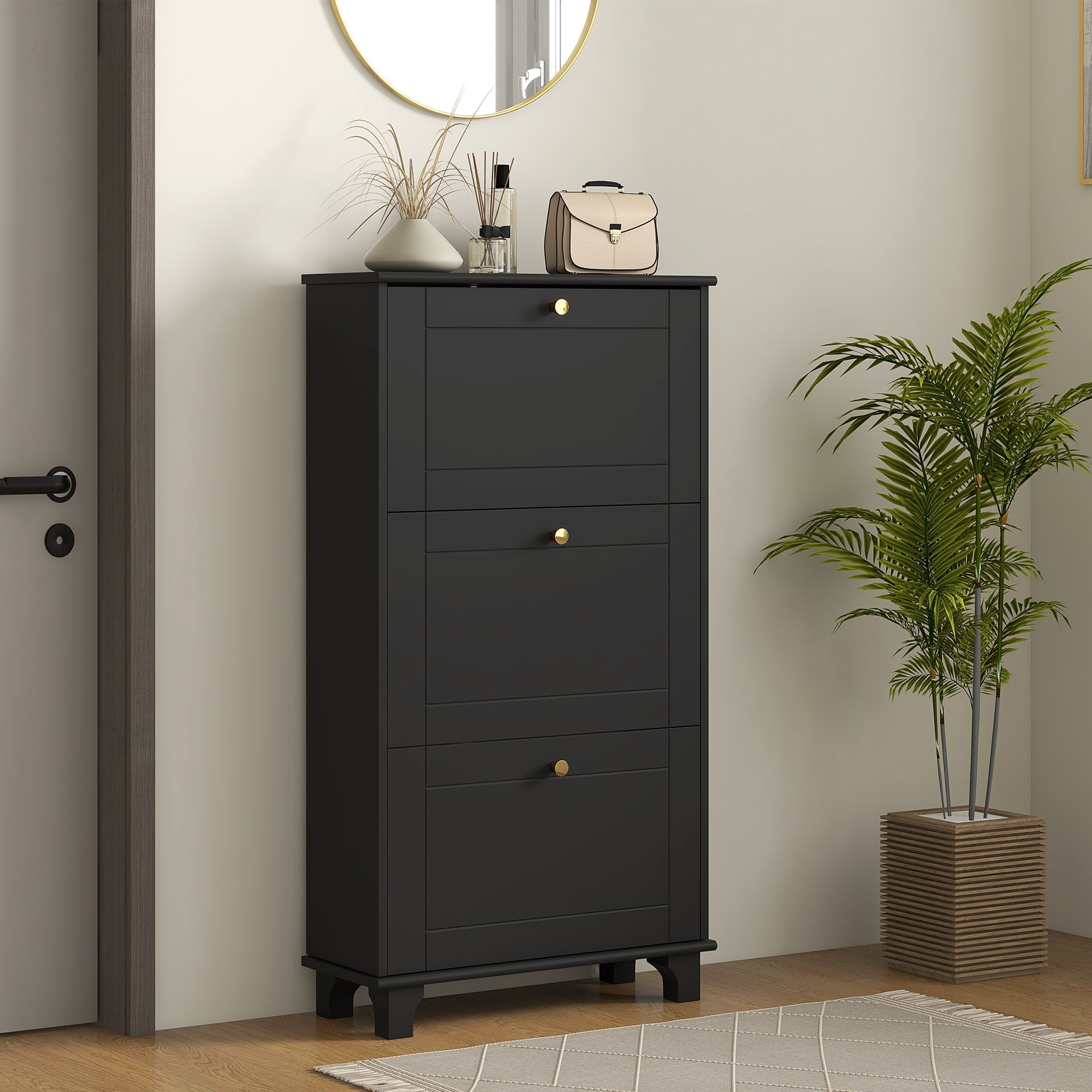 HOMCOM Narrow Shoe Storage 3 Flip Drawers Adjustable Shelves Shoe Organizer 12 Pairs Black Space Saving