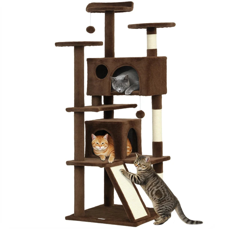 54" Cat Tree, Multi-Level Cat Tower with Scratching Posts, Cat Condos, Bed, Platforms, Ramp, Toy Ball, Light Brown