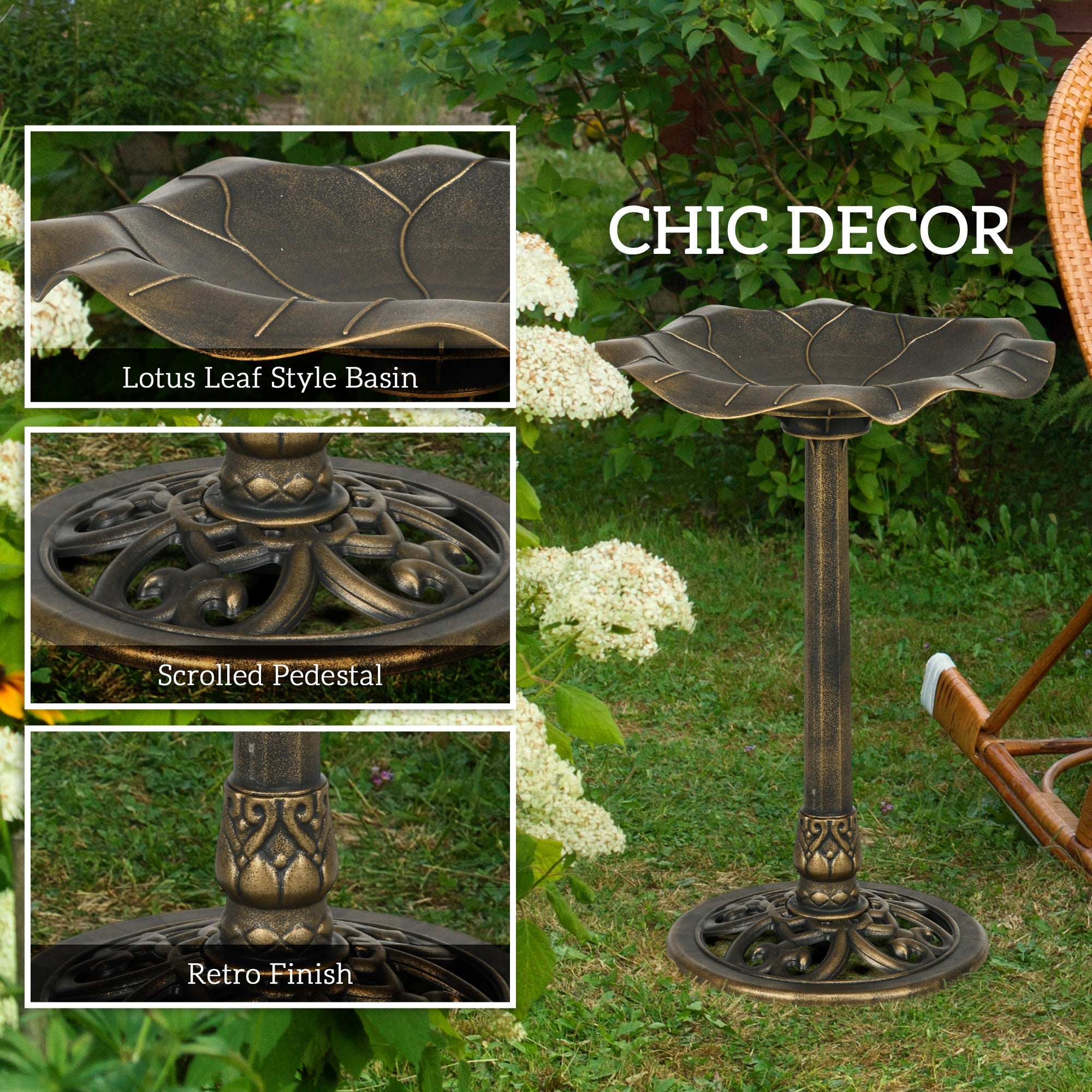 Outsunny Bird Bath for Outdoors, 28" Height Birdbath with Lotus Leaf Basin, Bird Feeder with Stand for Garden, Yard, Bronze