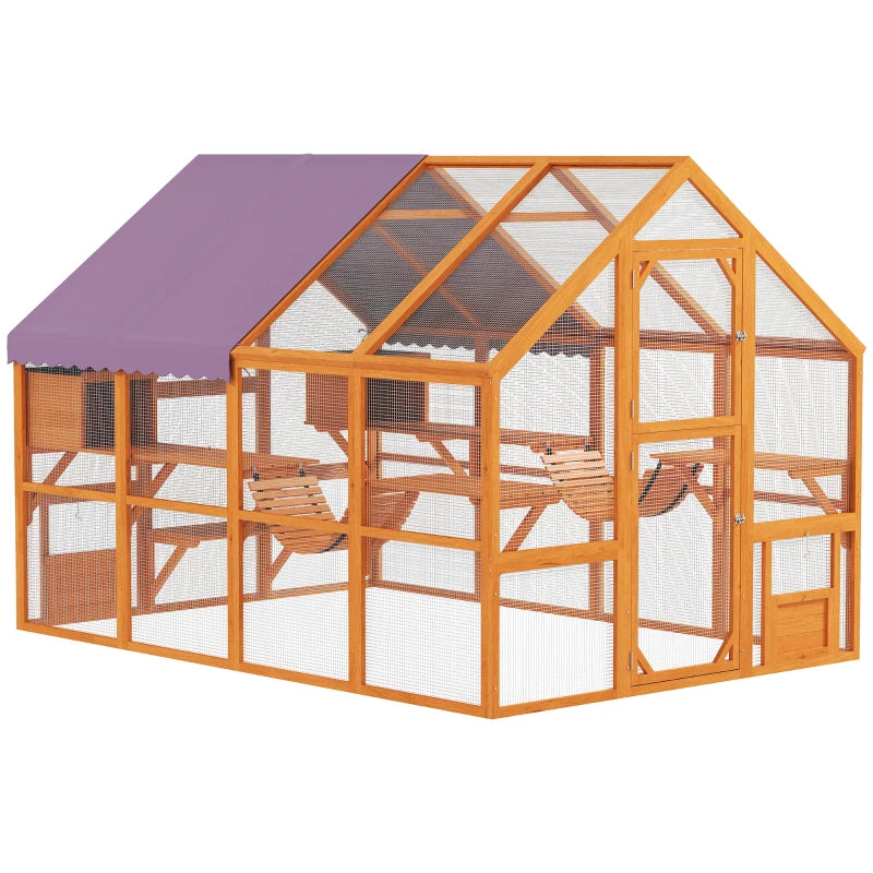 Outdoor Cat Enclosure Wooden Feral Cat House w/ Weatherproof Canopy, Bridges, Resting Boxes, Platforms, for 3-6 Cats