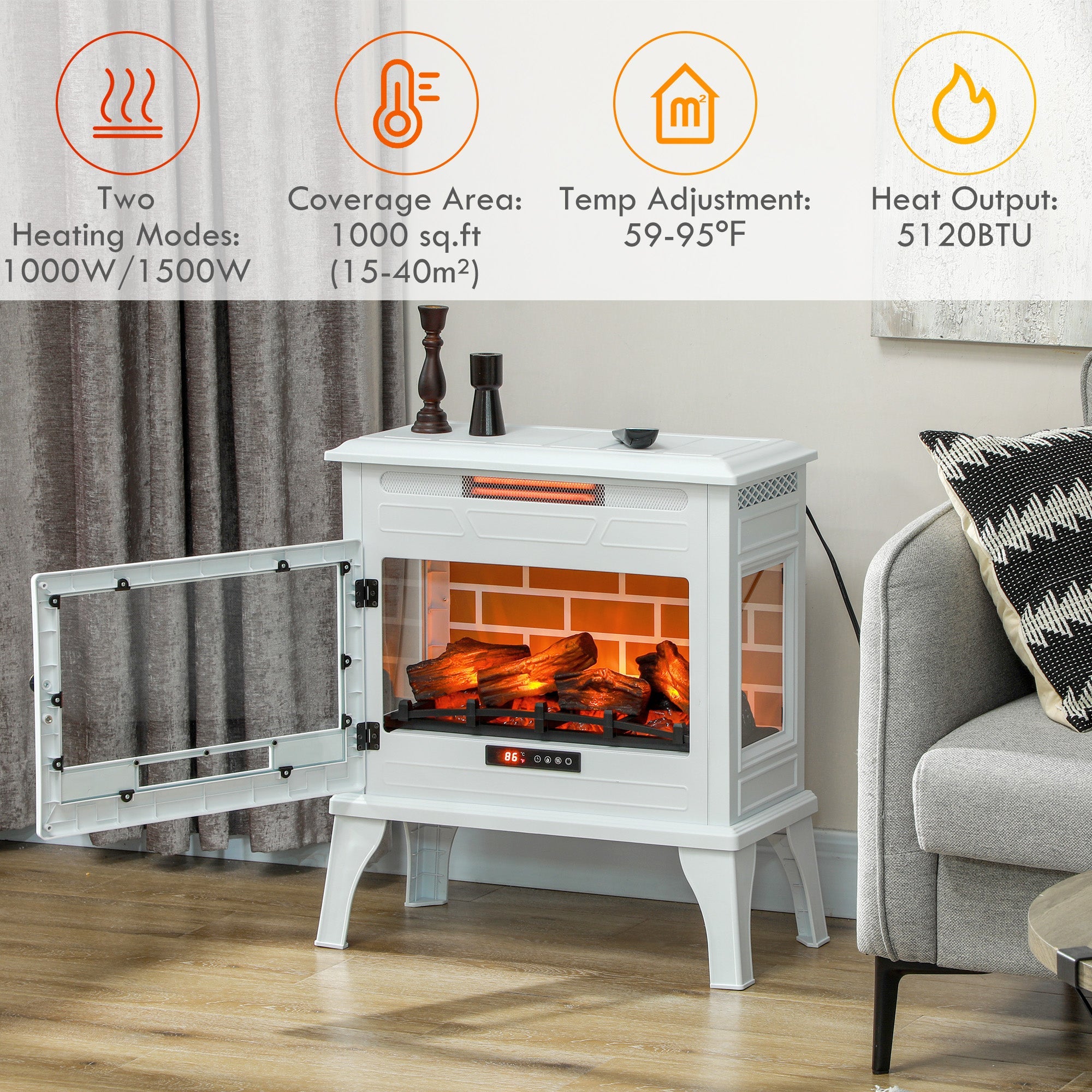 HOMCOM 24" Electric Fireplace Stove, 1000W/1500W Freestanding Fireplace Heater with Realistic 3D Flame Effect, Remote, White
