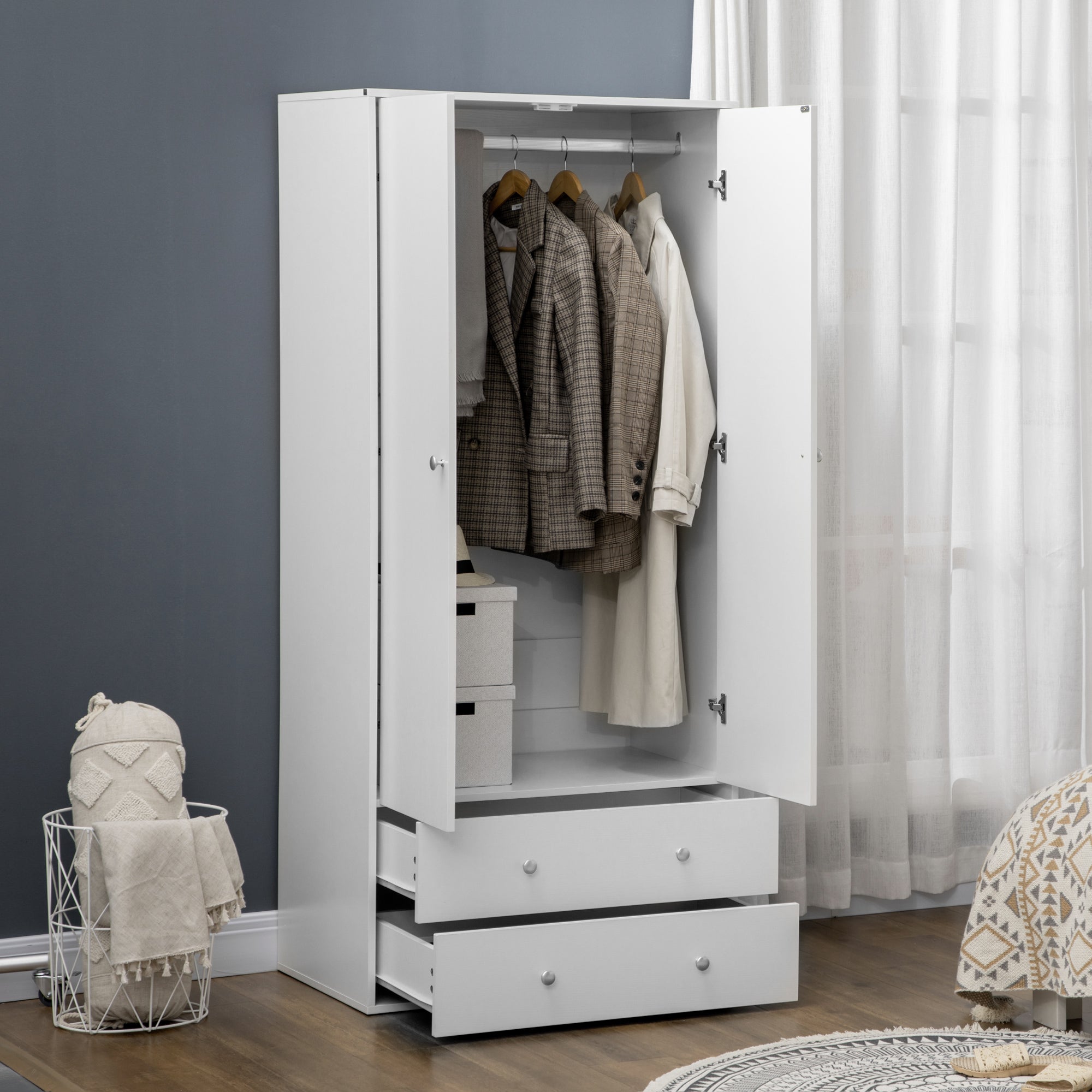 HOMCOM Spacious Wardrobe Closet Armoire with Drawers Hanging Rail for Bedroom Clothes Organization Storage White