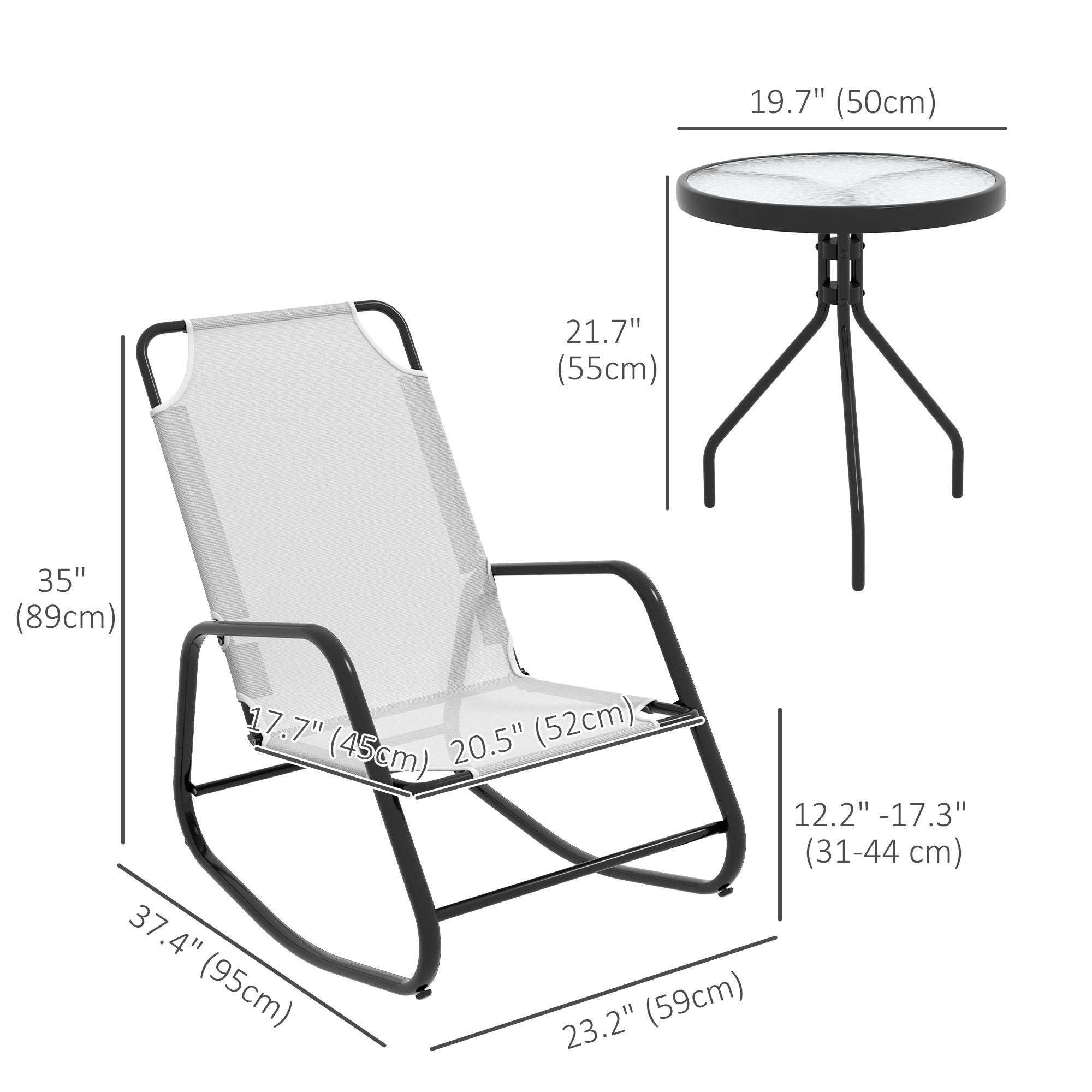 Outsunny Patio Rocking Chairs Set of 2, 3 Pieces Patio Bistro Set with Metal Frmae, Breathable Mesh Fabric Seat for Garden, Deck, White