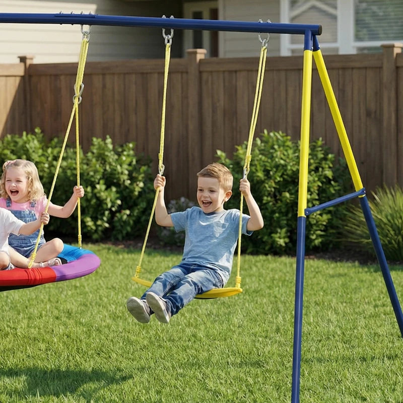 Qaba Kids Swing Set with Double Swings, Outdoor Playset with Adjustable Ropes, Metal Frame for Ages 3-8, 150 Capacity