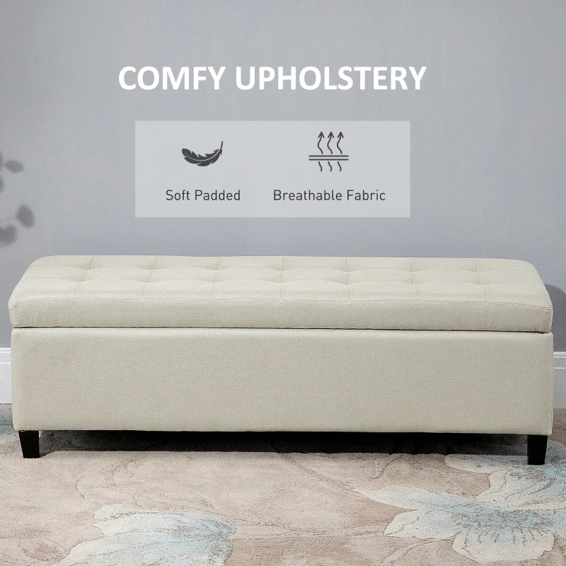 Rectangular Entry Bench, Tufted Upholstered Linen Fabric Wood Feet Storage Ottoman Bench, Beige