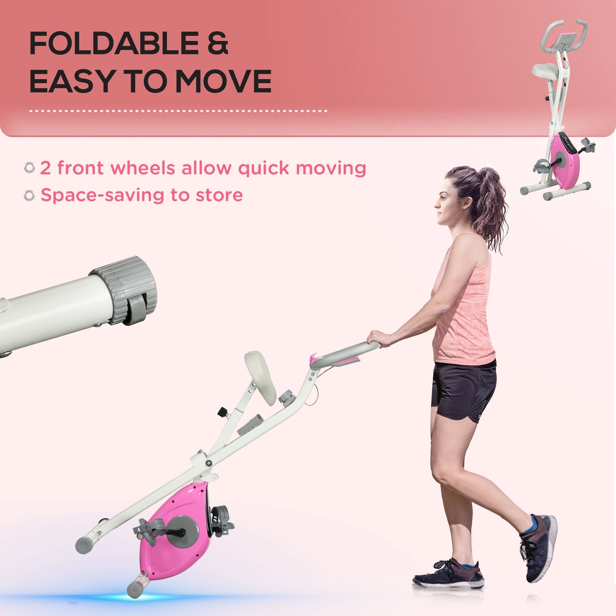 Soozier Foldable Exercise Bike Indoor Stationary Bike w/ 8-Level Magnetic Resistance LCD Screen Phone Holder for Home Gym Pink
