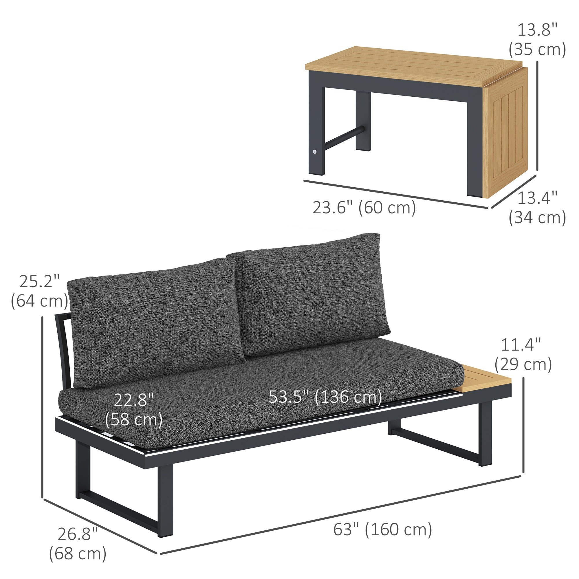 Outsunny 3 Pieces Aluminum Corner Patio Furniture Set Sectional Outdoor Sofa Set with 2 Loveseats Wood-Plastic Coffee Table Grey