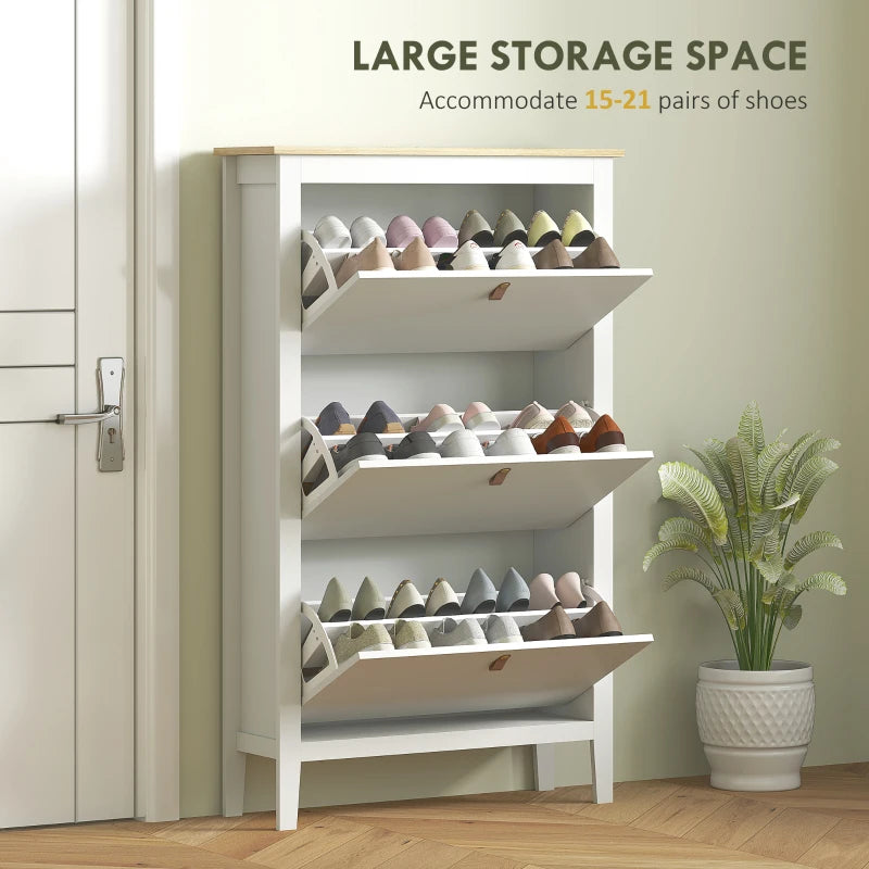 Narrow Shoe Cabinet with 3 Flip Drawers, Adjustable Shelves for Entryway, Holds 15-21 Pairs, White