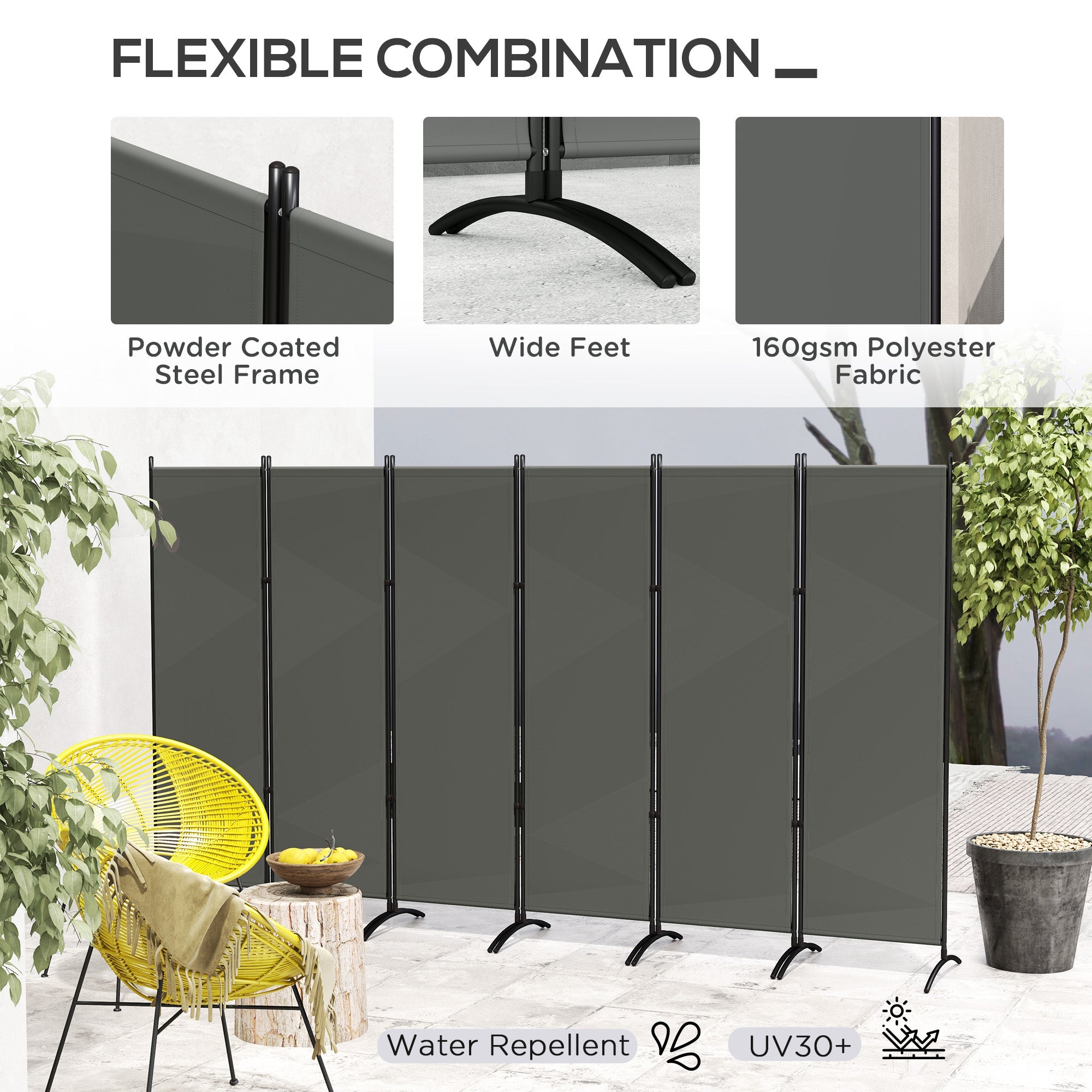 Outsunny 6 Panel Folding Room Divider, UV30+ Privacy Screen, Indoor Outdoor Privacy Panel with Stable Base, Dark Grey