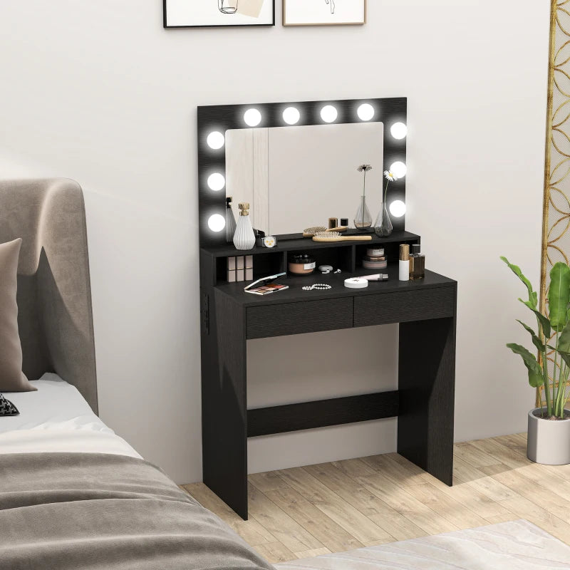 Vanity Table, Makeup Dressing Table with LED Lighting Mirror, Charging Station and Drawers for Bedroom, Black