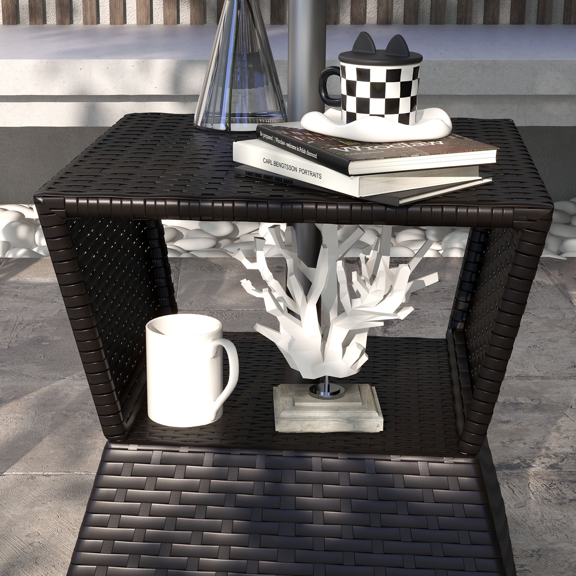 Outsunny Outdoor Patio Rattan Wicker Coffee Table Garden End Tea Table Bistro Side Table w/ Umbrella Hole, Dark Coffee