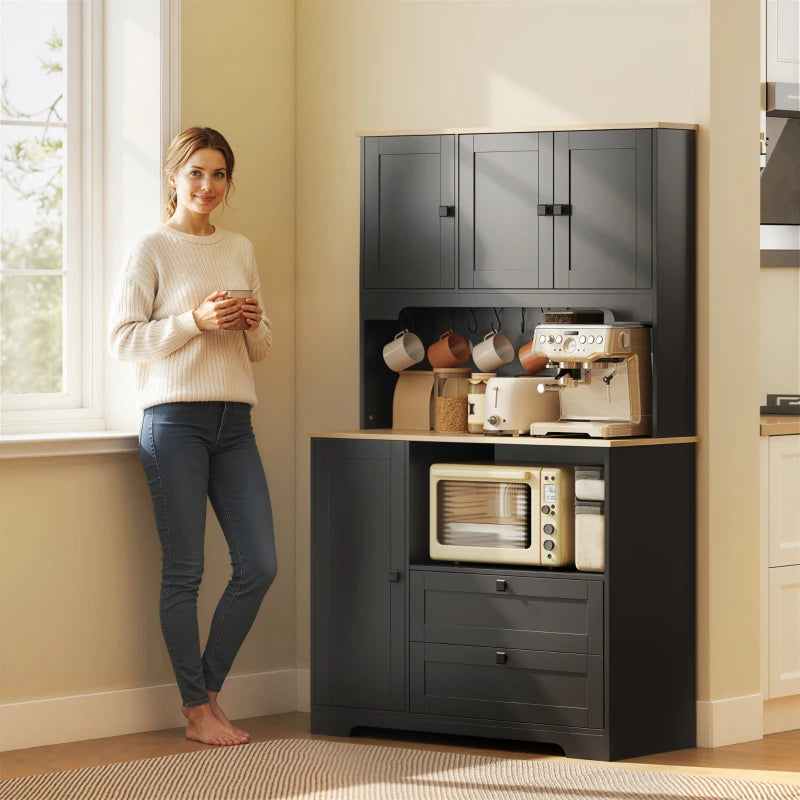 Kitchen Pantry Cabinet, 64" Tall Kitchen Hutch with 3 Cabinets, 2 Drawers, Adjustable Shelves, Microwave Stand, Black