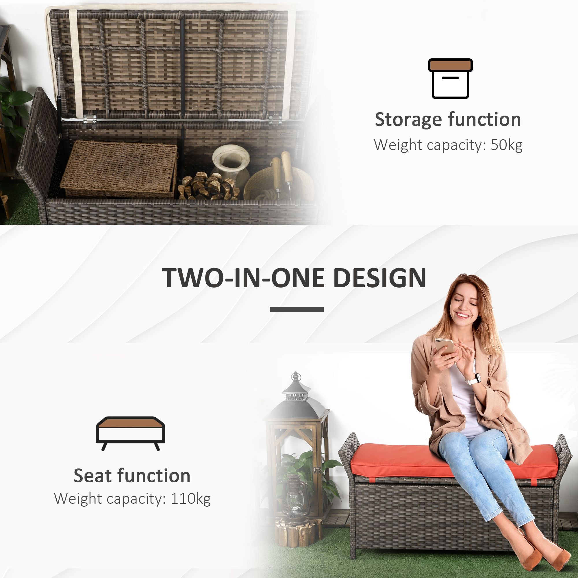 Outsunny 2-In-1 Outdoor PE Rattan Storage Bench, 27 Gallon Patio Wicker Furniture, Basket Box with Handles and Cushion Red