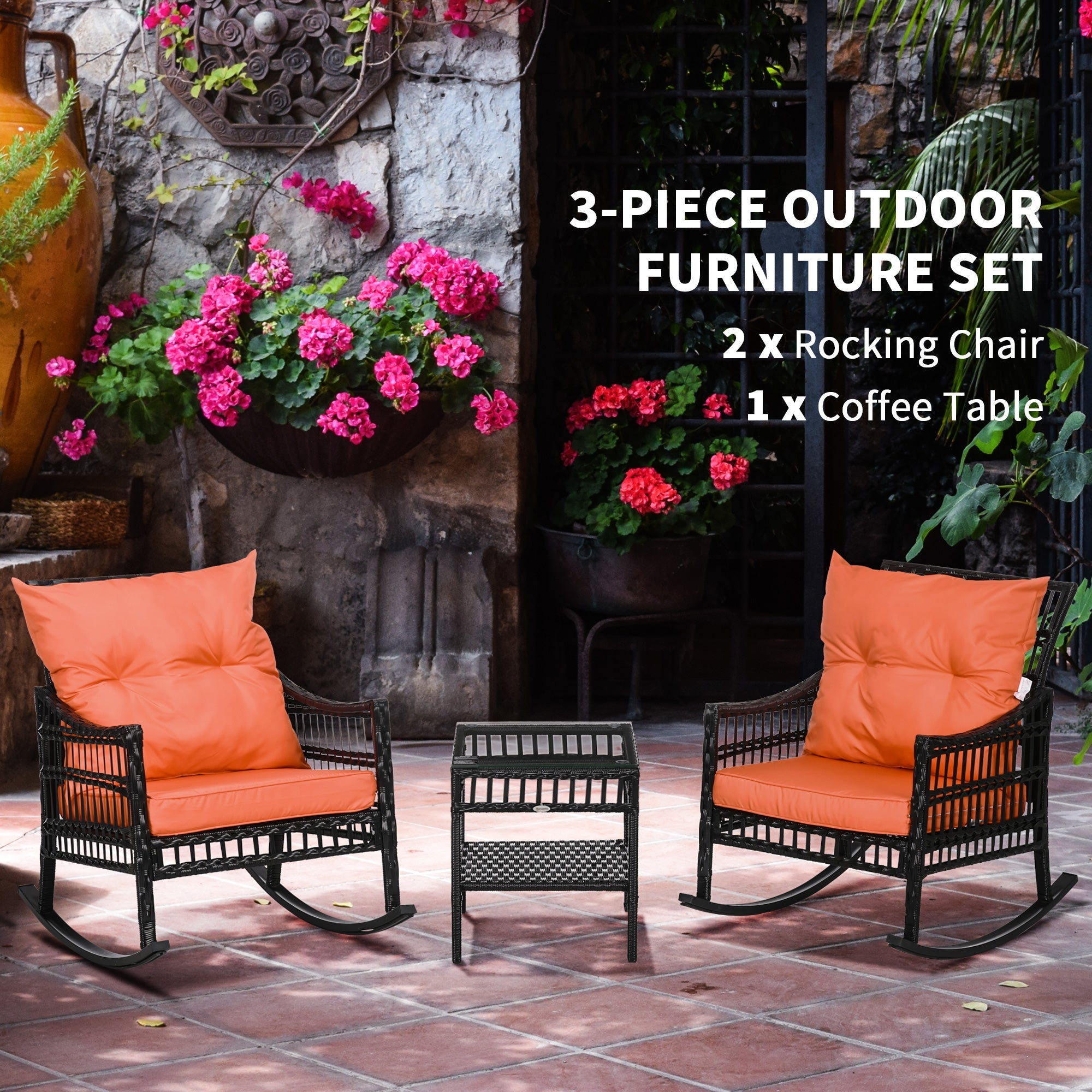 Outsunny 3 Pieces Outdoor PE Rattan Rocker Chair Set, Rocking Chair with Tempered Glass Table Top,25"x26"x28", Wine Red