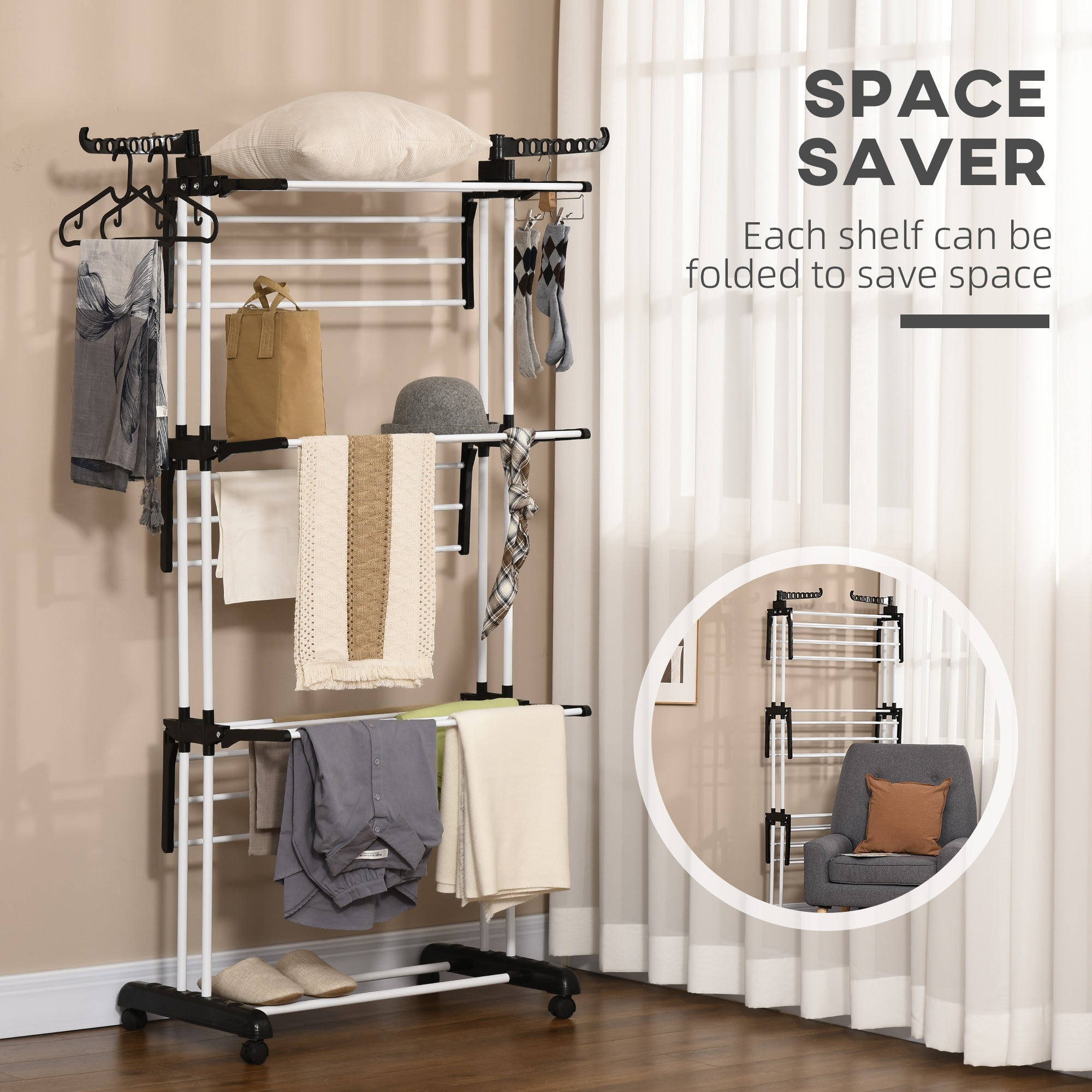HOMCOM 4-Tier Foldable Clothes Drying Rack with Side Wings & Castors Steel Laundry Rack for Indoor/Outdoor Use Black