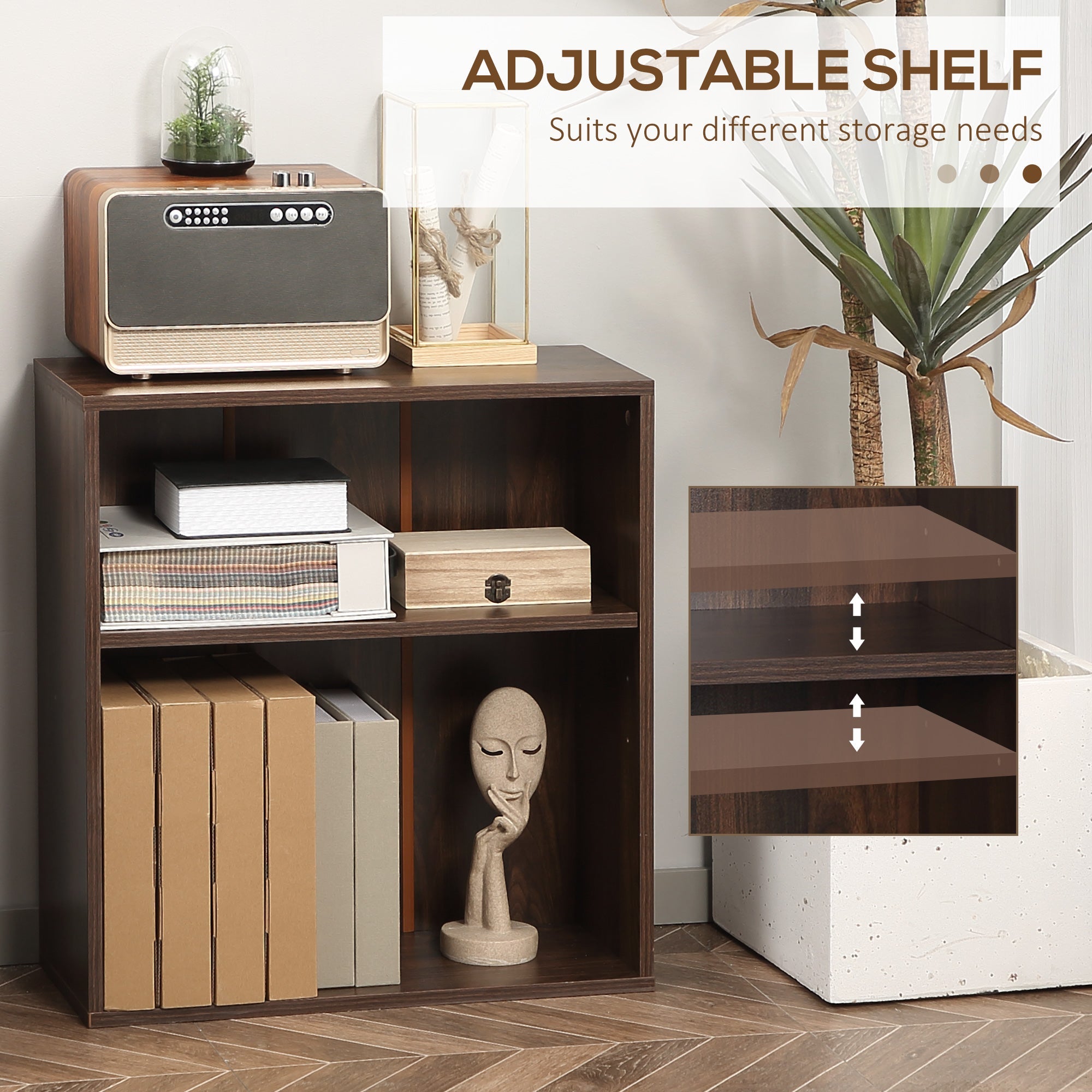 HOMCOM Minimalist Bookshelf Accent: 2-Tier Walnut Wood Display Shelf for Home Office, Simple & Stylish Design