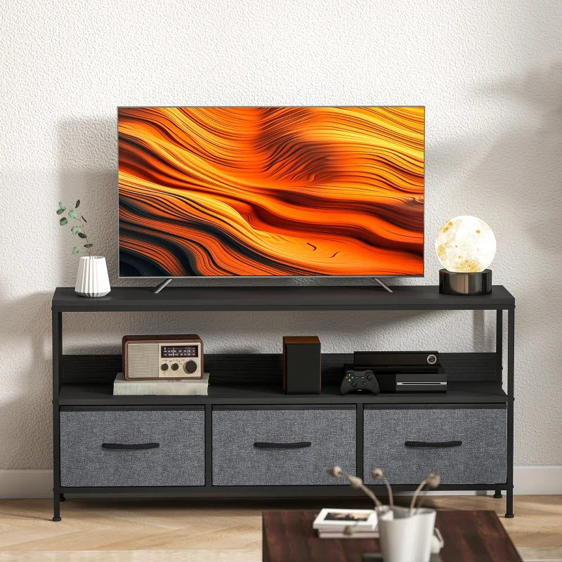 TV Stand with Charging Station, TV Table with 3 Foldable Linen Drawers and Open Shelf for 55 Inch Television, Black
