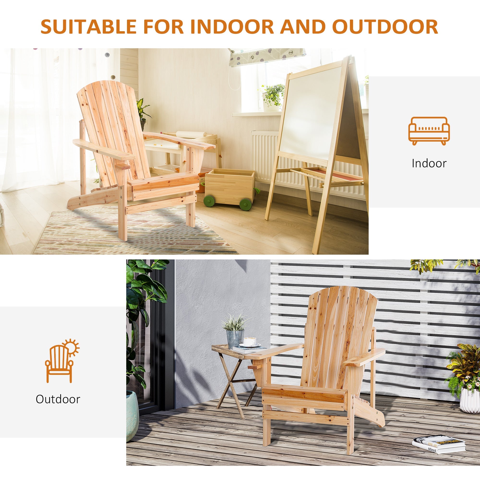 Outsunny Wooden Classic Adirondack Chair with Cup Holder Ergonomic Outdoor Patio Garden Deck Furniture Natural