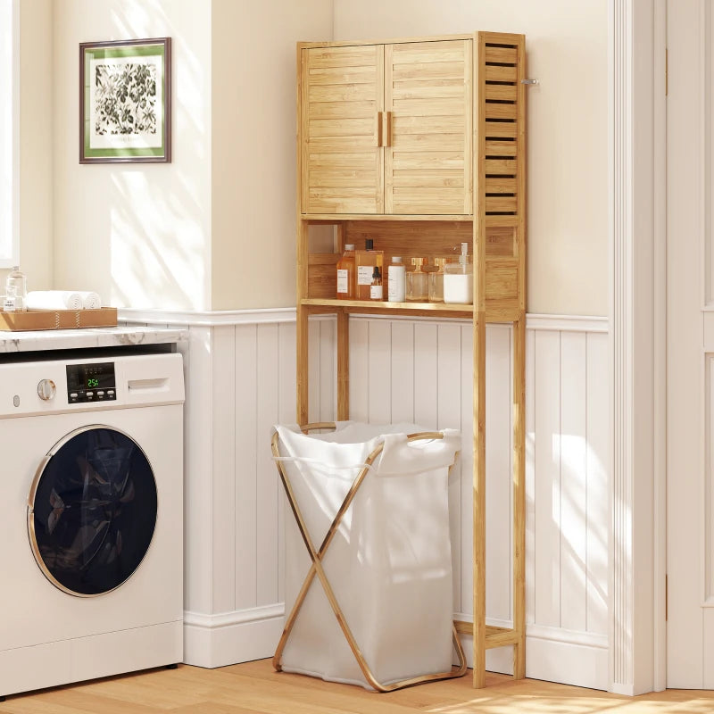 Over the Toilet Cabinet, Bathroom Organizer with 2 Doors, Open Compartment and Adjustable Shelf, Natural Wood Finish