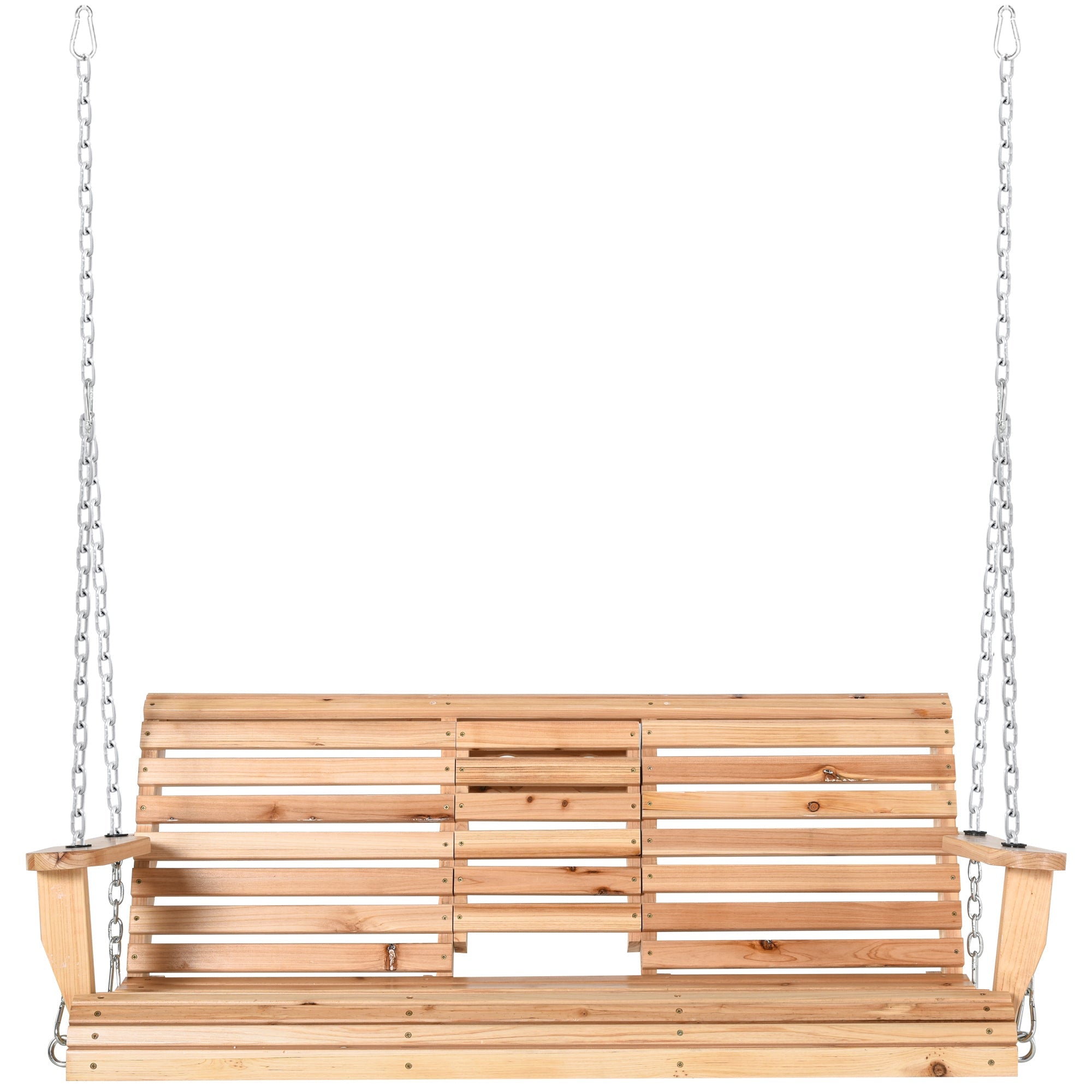 Outsunny 3-Seater Patio Swing Chair with Foldable Table & Cup Holders, Durable Wood Porch Swing, Steel Chains, Natural Finish