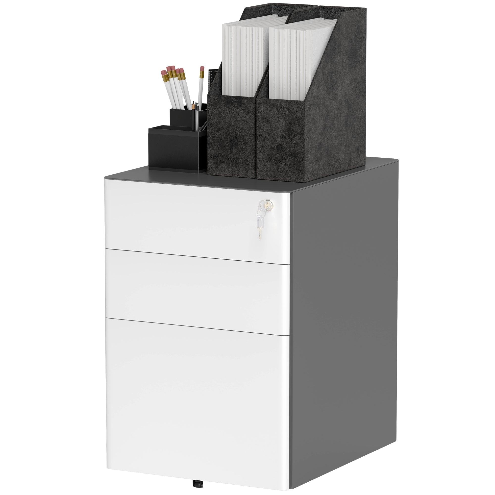 Vinsetto 3 Drawer Filing Cabinet, Home Office Storage Cabinet with Wheels, Lock for A4, Letters, Legal-sized Files, Grey and White