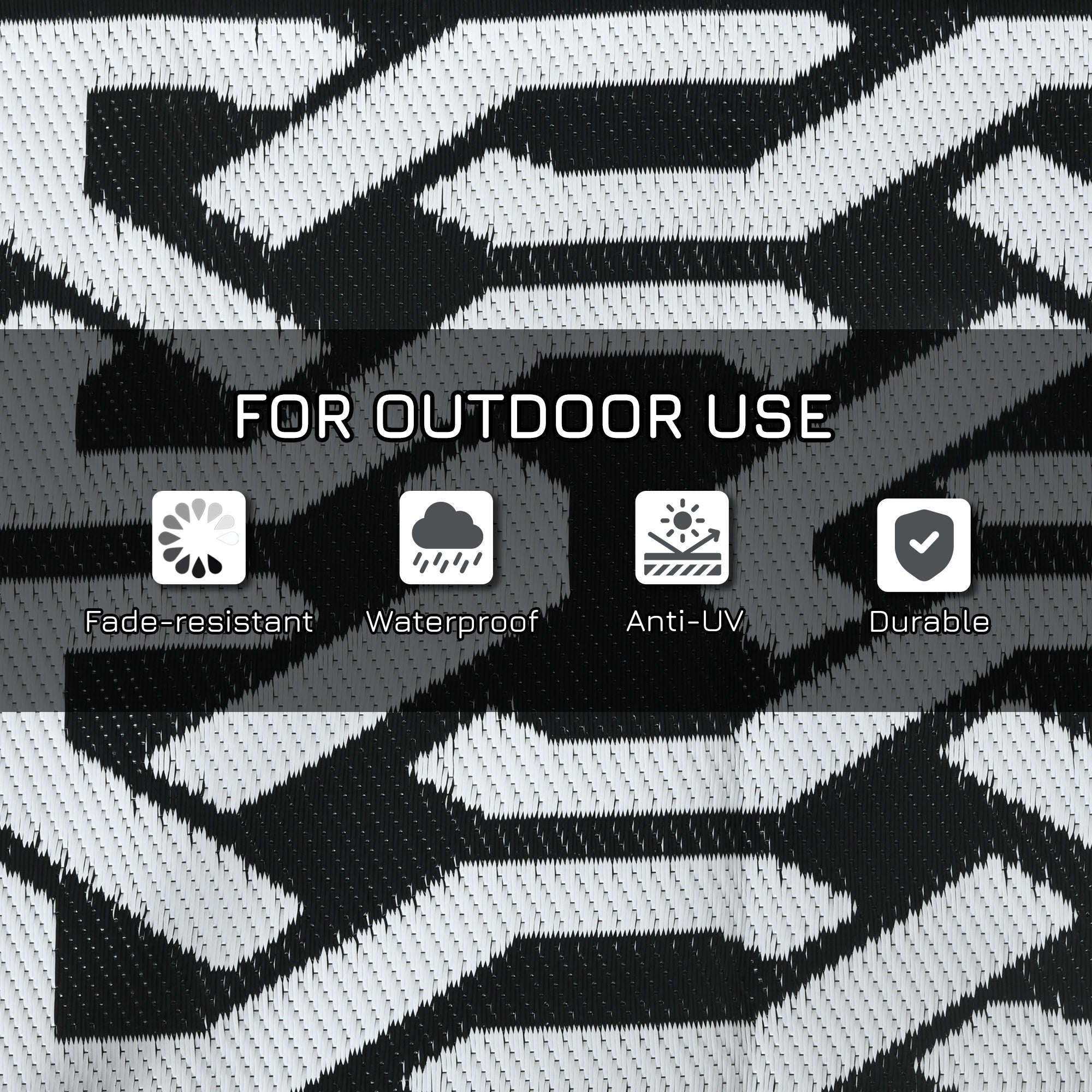 Outsunny 9x18ft Black White Chain Design Reversible Outdoor Rug Waterproof Plastic Straw with Carry Bag