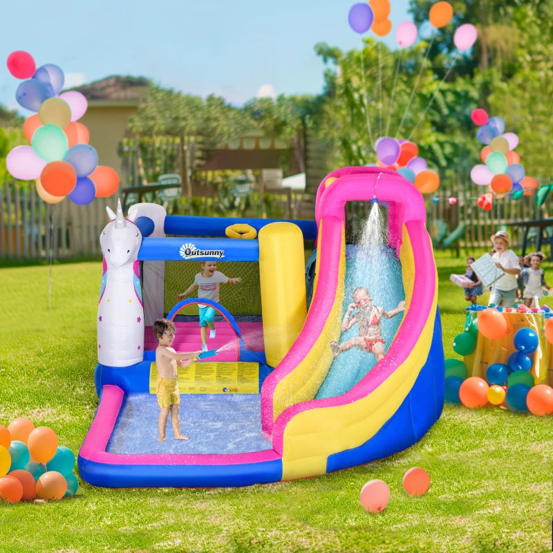 Kids 5 in 1 Inflatable Bounce Castle House, Trampoline Water Slide Pool Climbing Wall with Inflator for Kids Age 3-12 Summer 12.4' x 10.5' x 6.9' - Multi-color