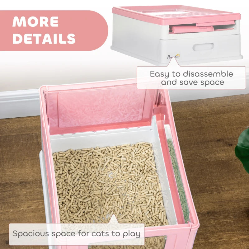 Top Entry Enclosed Kitty Litter Box with Scoop, Tray, Front Entry, Large Space, Foldable, Portable, Pink