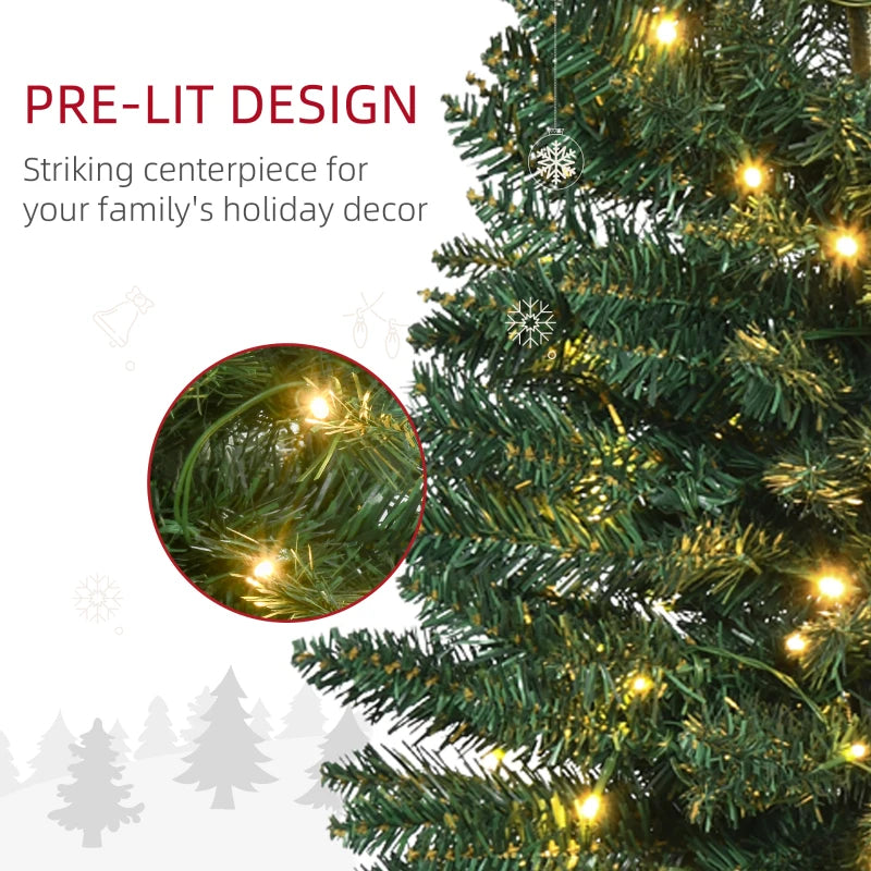 HOMCOM 5' Tall Pre-Lit Slim Noble Fir Artificial Pencil Christmas Tree with Realistic Branches, 110 Warm White LED Lights and 294 Tips, Green