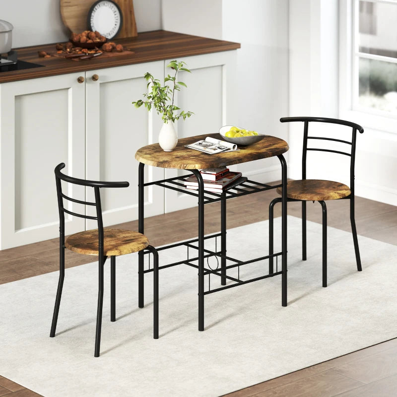 Dining Table Set of 3, Kitchen Table and Chairs Set for 2 with Shelf, Living Room Rustic Brown