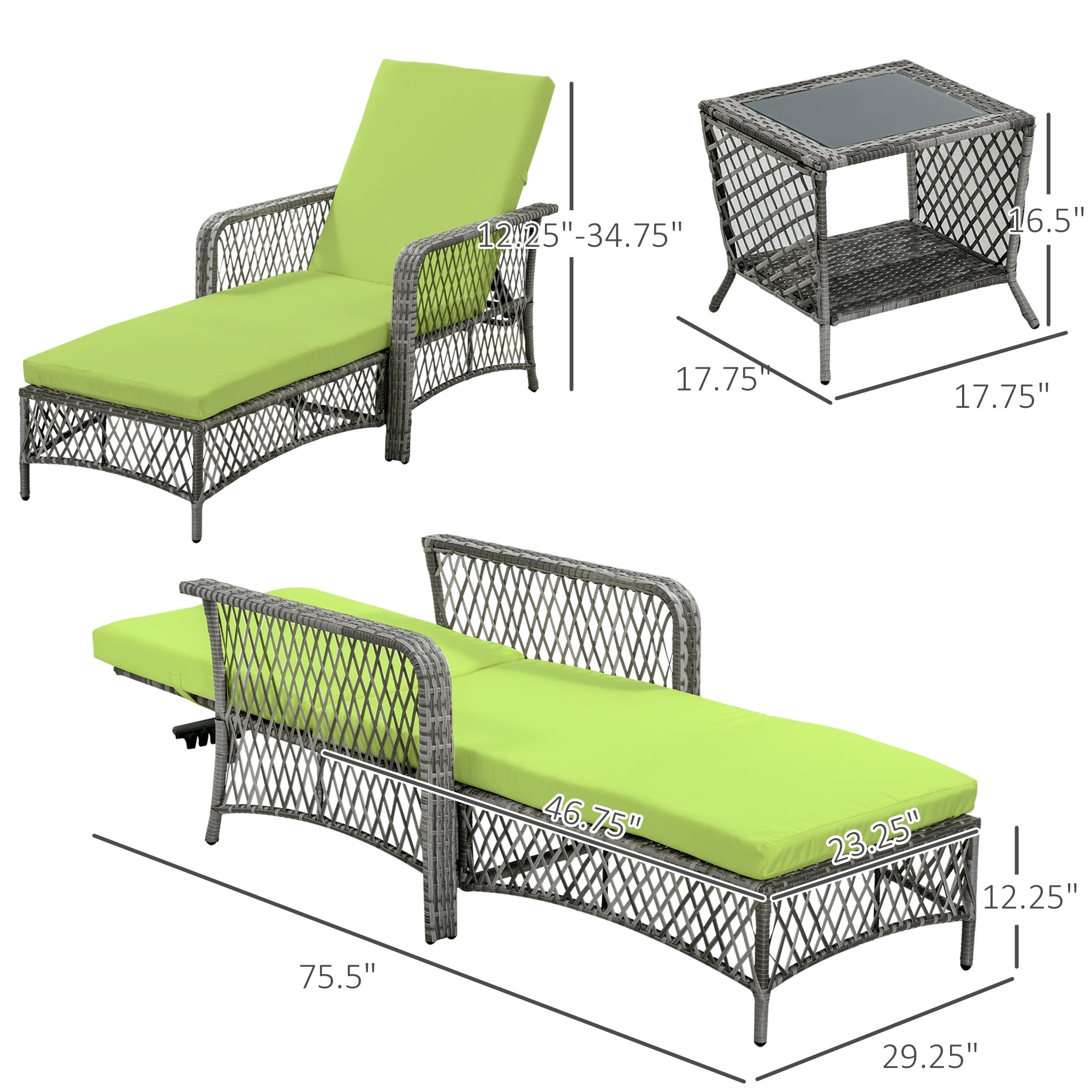 Outsunny Rattan Sun Lounger Set 2PC Deluxe Outdoor Recliner PE Wicker Patio Garden Chaise Green