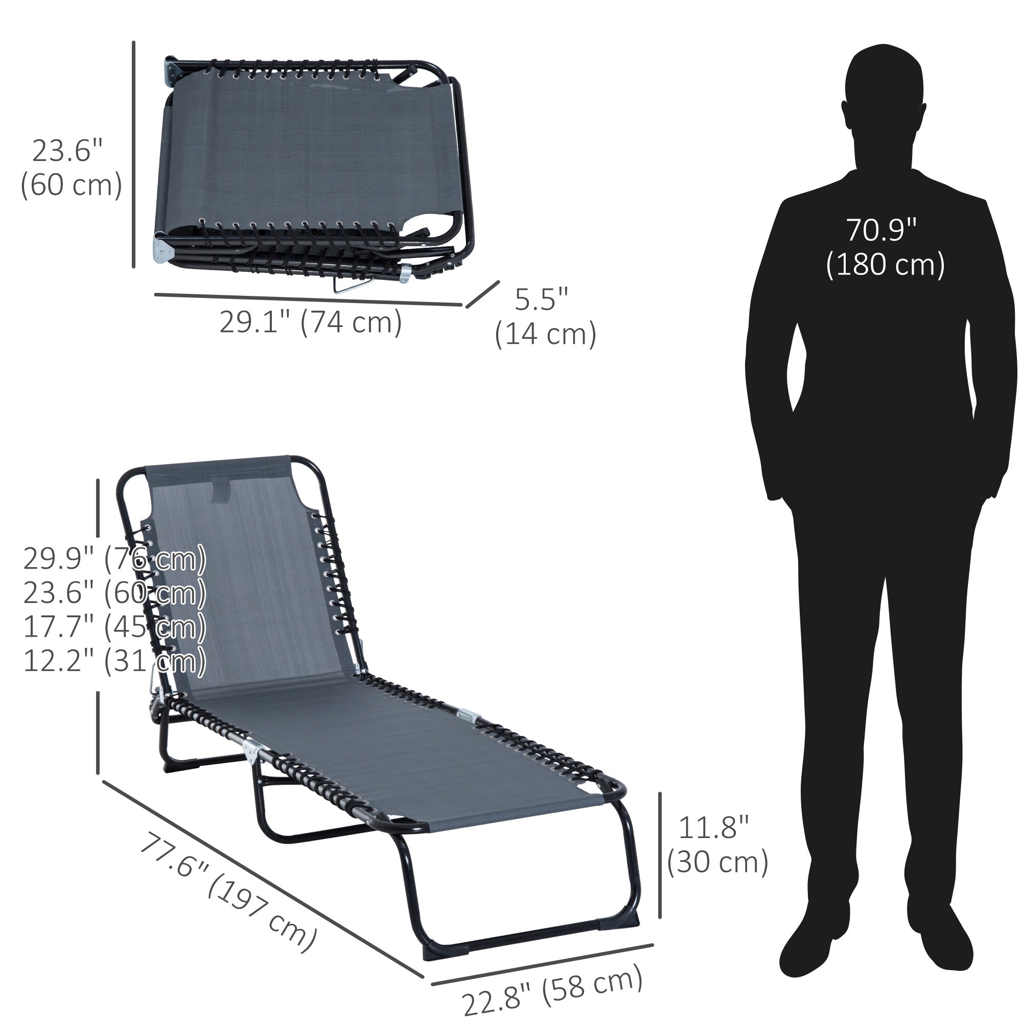 Outsunny Adjustable Folding Beach Bed 4-Level Reclining Lounger Lightweight Portable Camping Grey