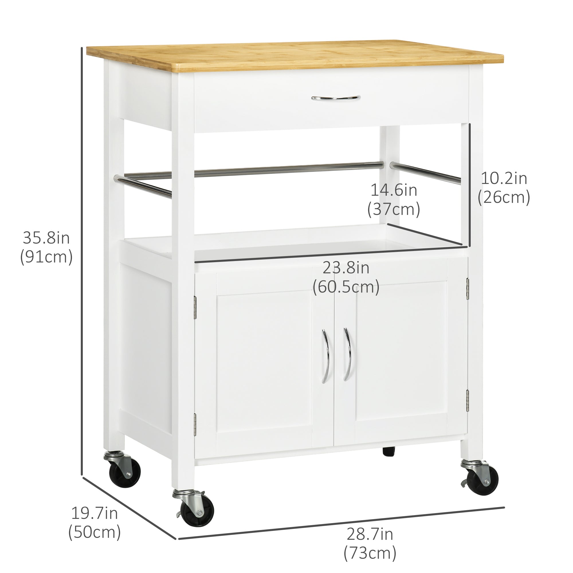 HOMCOM White Mobile Utility Trolley: Kitchen Island Cart with Drawer, Side Hooks & Dining Room Storage