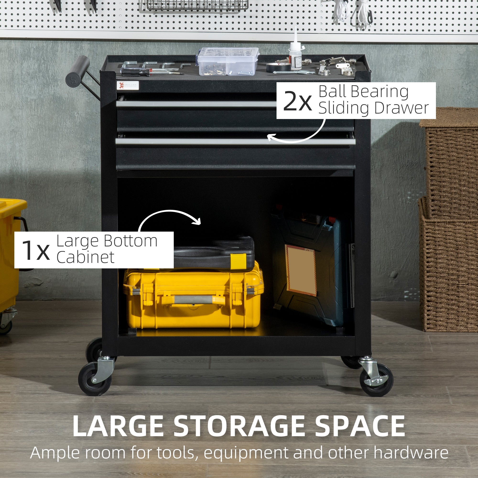 DURHAND Rolling Tool Vault: 2-Drawer Steel Chest for Warehouse & Workshop Organization, Black
