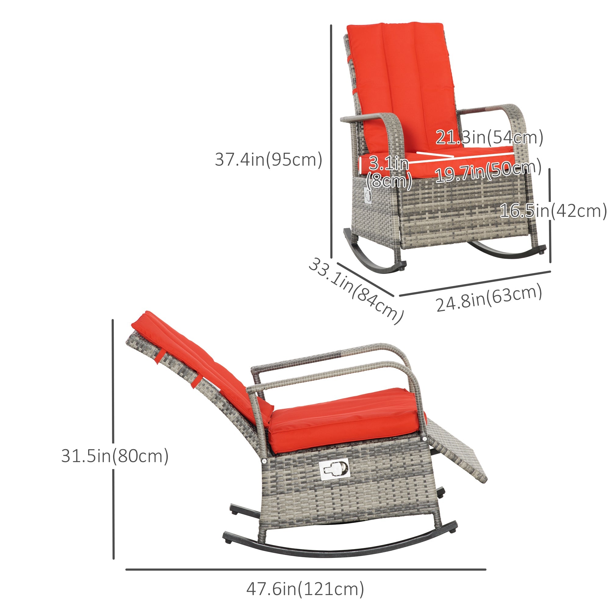 Outsunny Wicker Rocking Chair Outdoor Sofa Glider Rocker Patio Rattan Recliner Furniture with Soft Cushion, Adjustable Footrest, Red